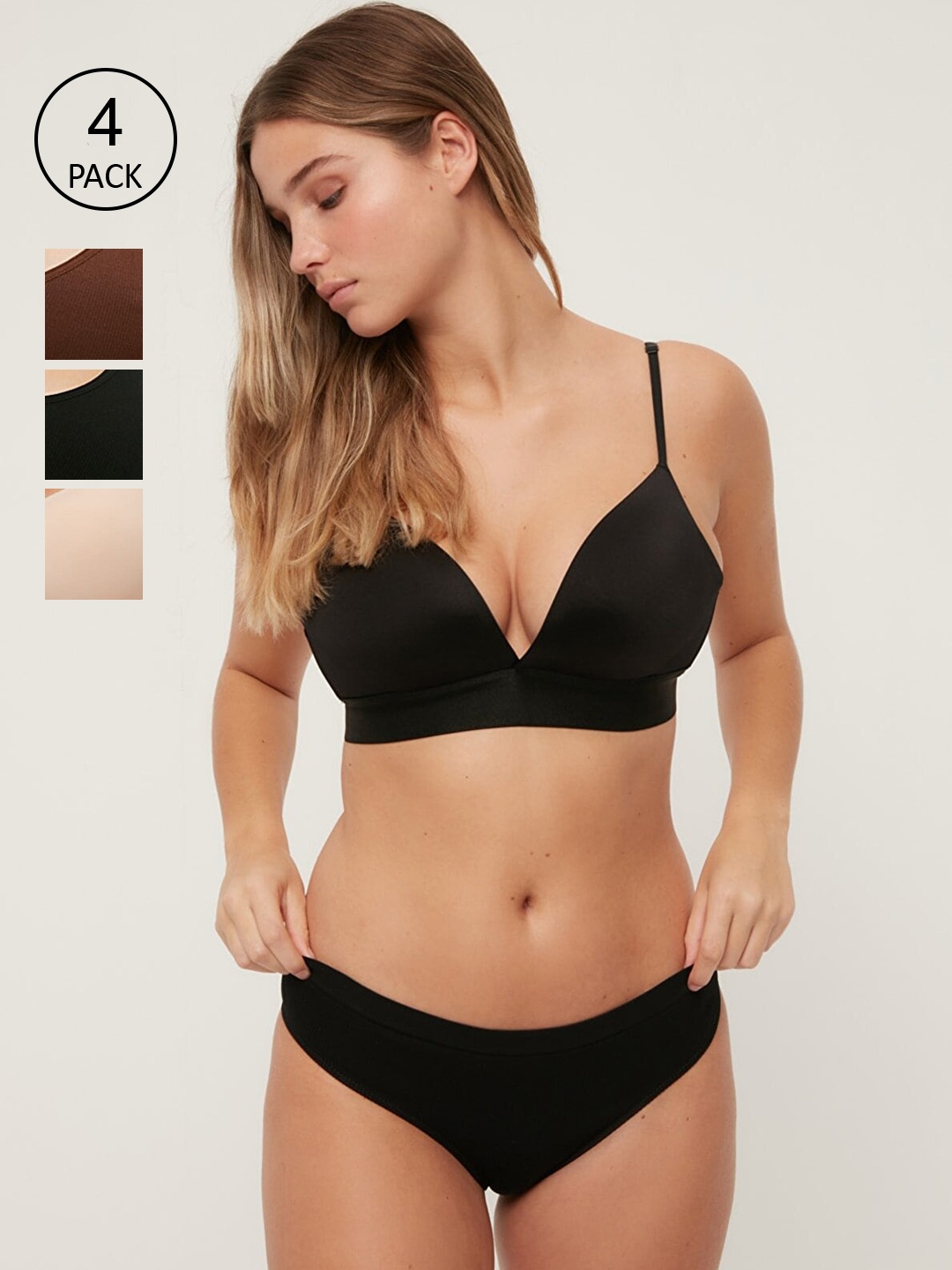 

Trendyol Women Pack Of 4 Solid Lingerie Set, Black