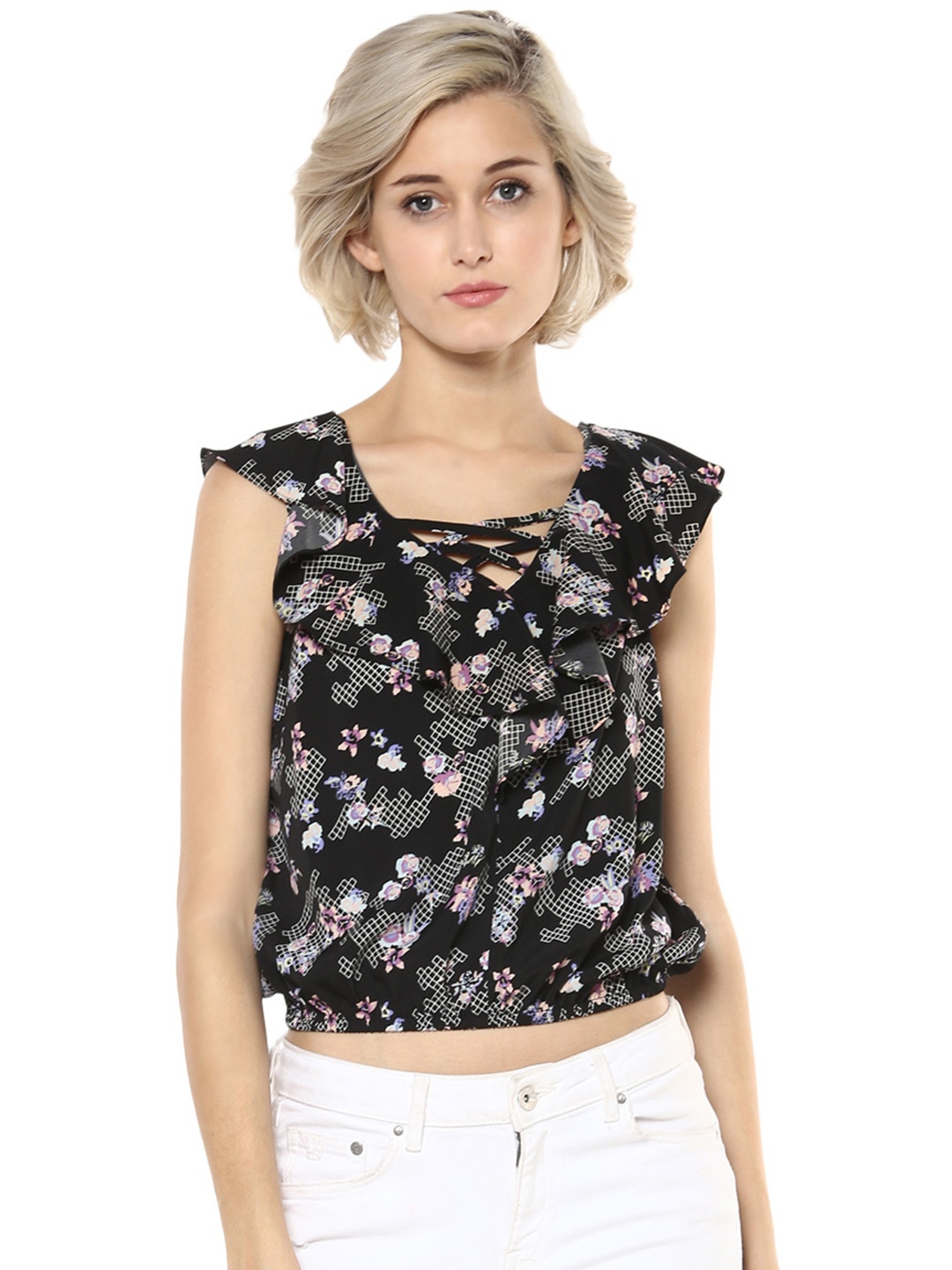 

Harpa Women Black Printed Blouson Top