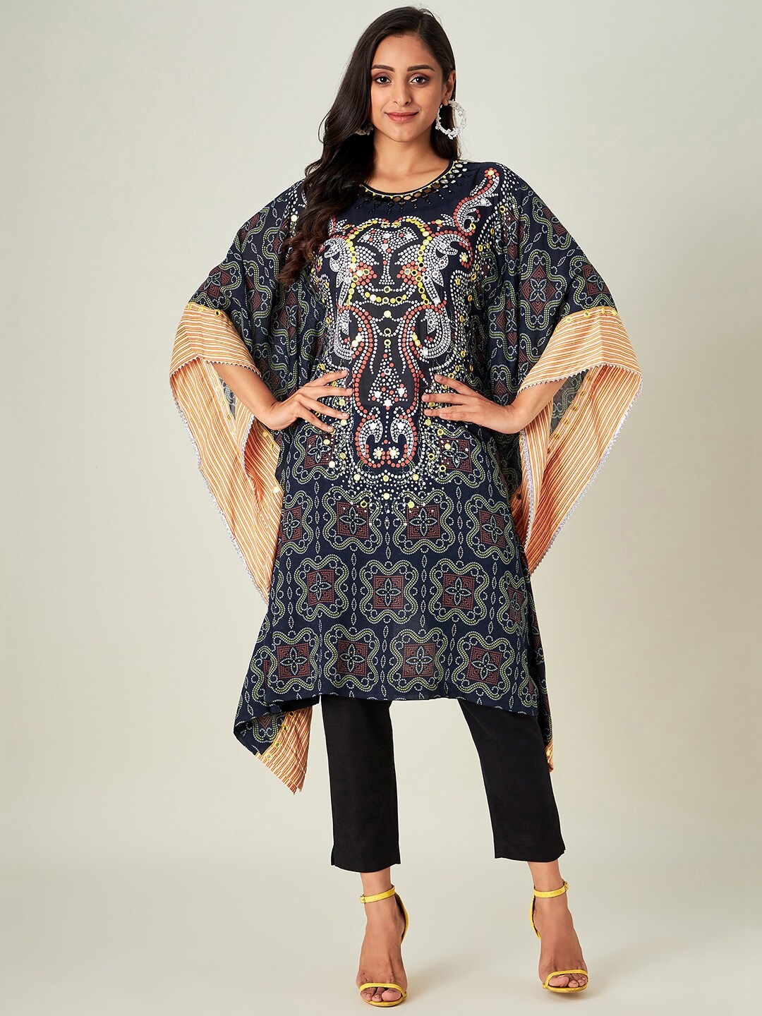 

The Kaftan Company Women Navy Blue & Black Bandhani Printed Flared Sleeves Mirror Work Dobby Kaftan Kurta