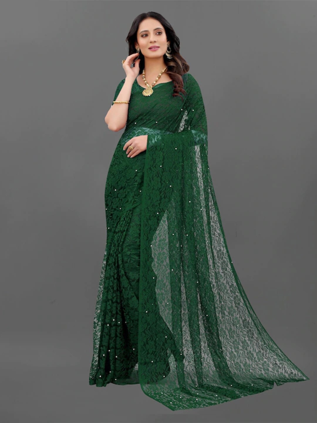 

MOKSHA DESIGNS Green Embellished Beads and Stones Net Saree