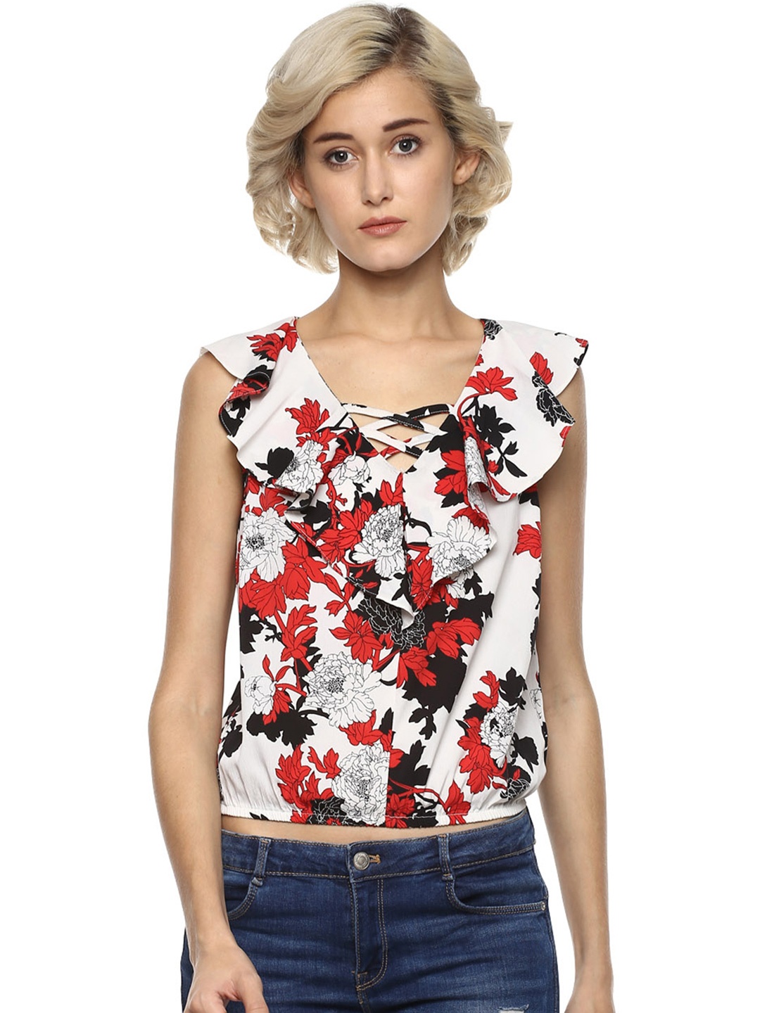 

Harpa Women Cream-Coloured Floral Print Blouson Top