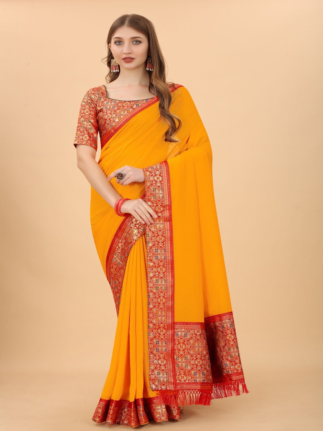 

MOKSHA DESIGNS Mustard & Red Art Silk Tussar Saree
