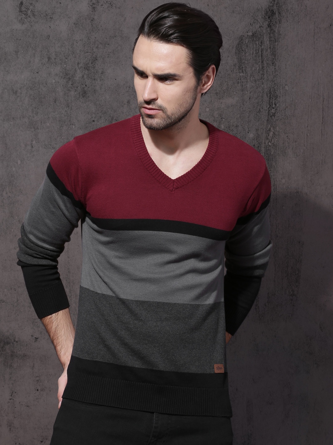 

Roadster Men Red & Charcoal Grey Colourblocked Pullover