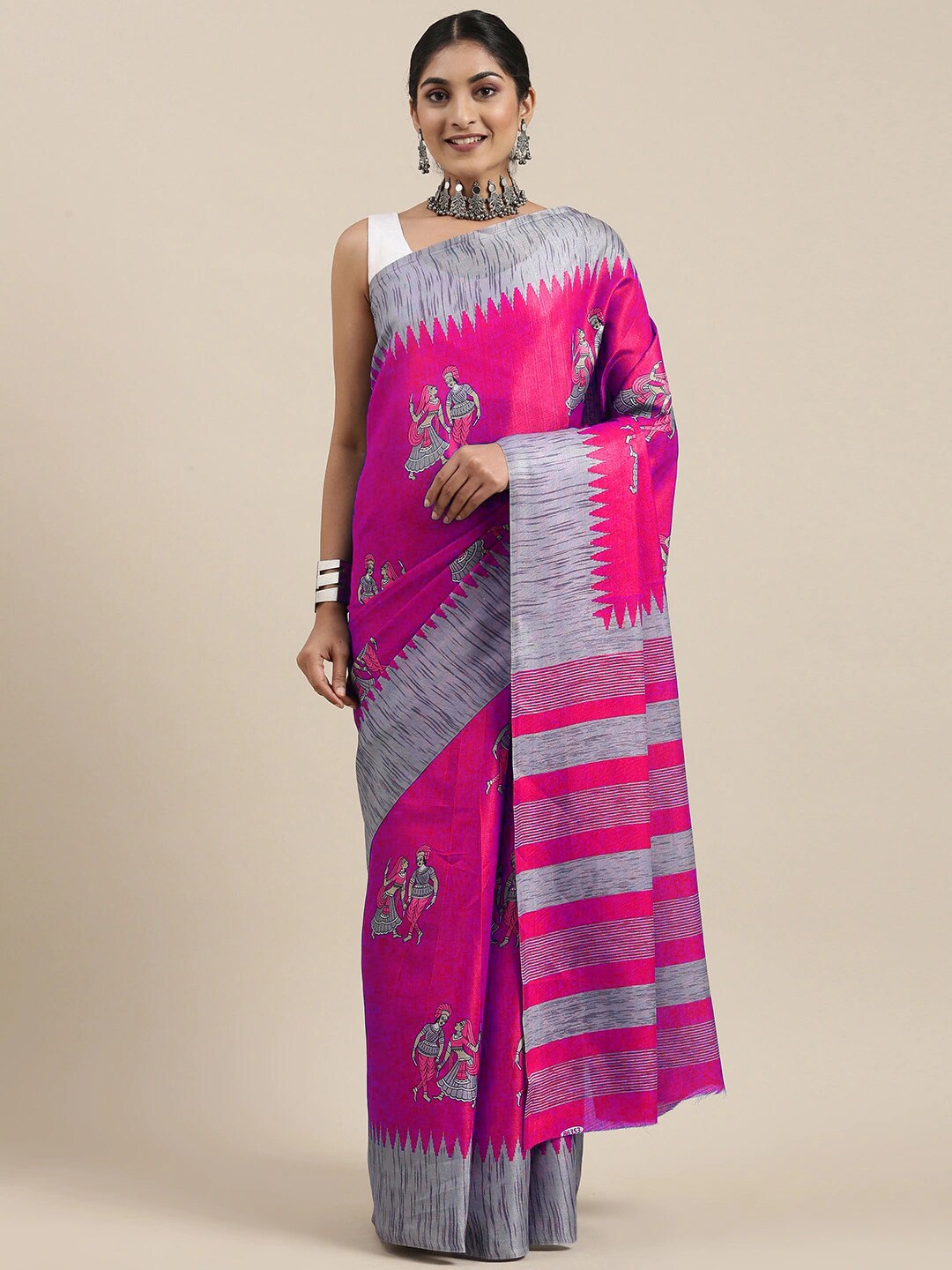 

MOKSHA DESIGNS Pink & Grey Ethnic Motifs Art Silk Khadi Saree