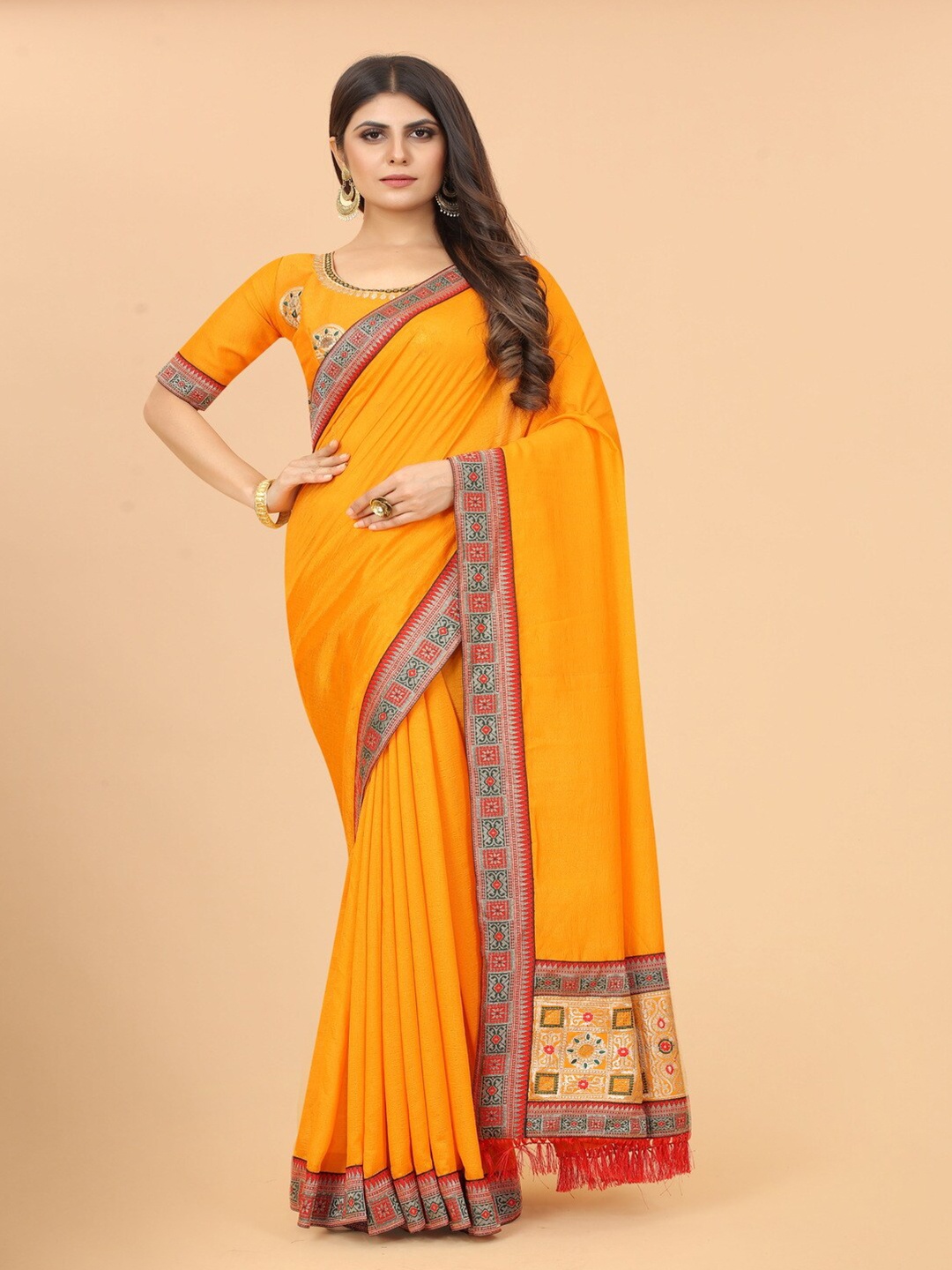 

MOKSHA DESIGNS Women Mustard & Gold-Toned Embroidered Art Silk Tussar Saree