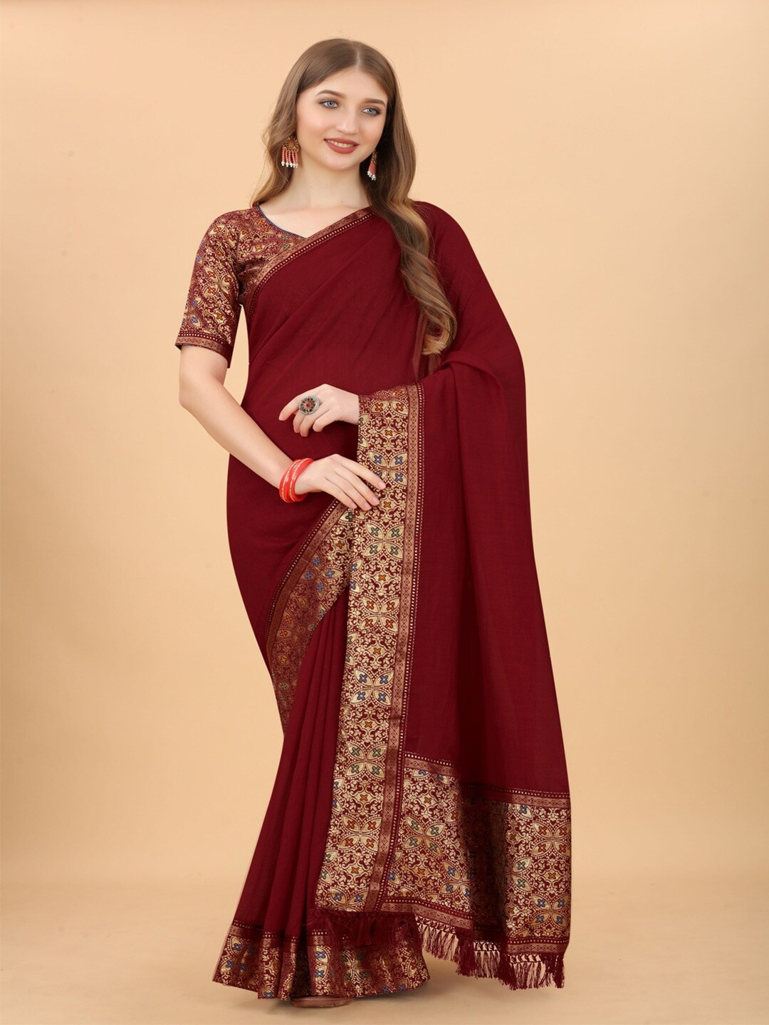 

MOKSHA DESIGNS Maroon & Green Art Silk Tussar Saree