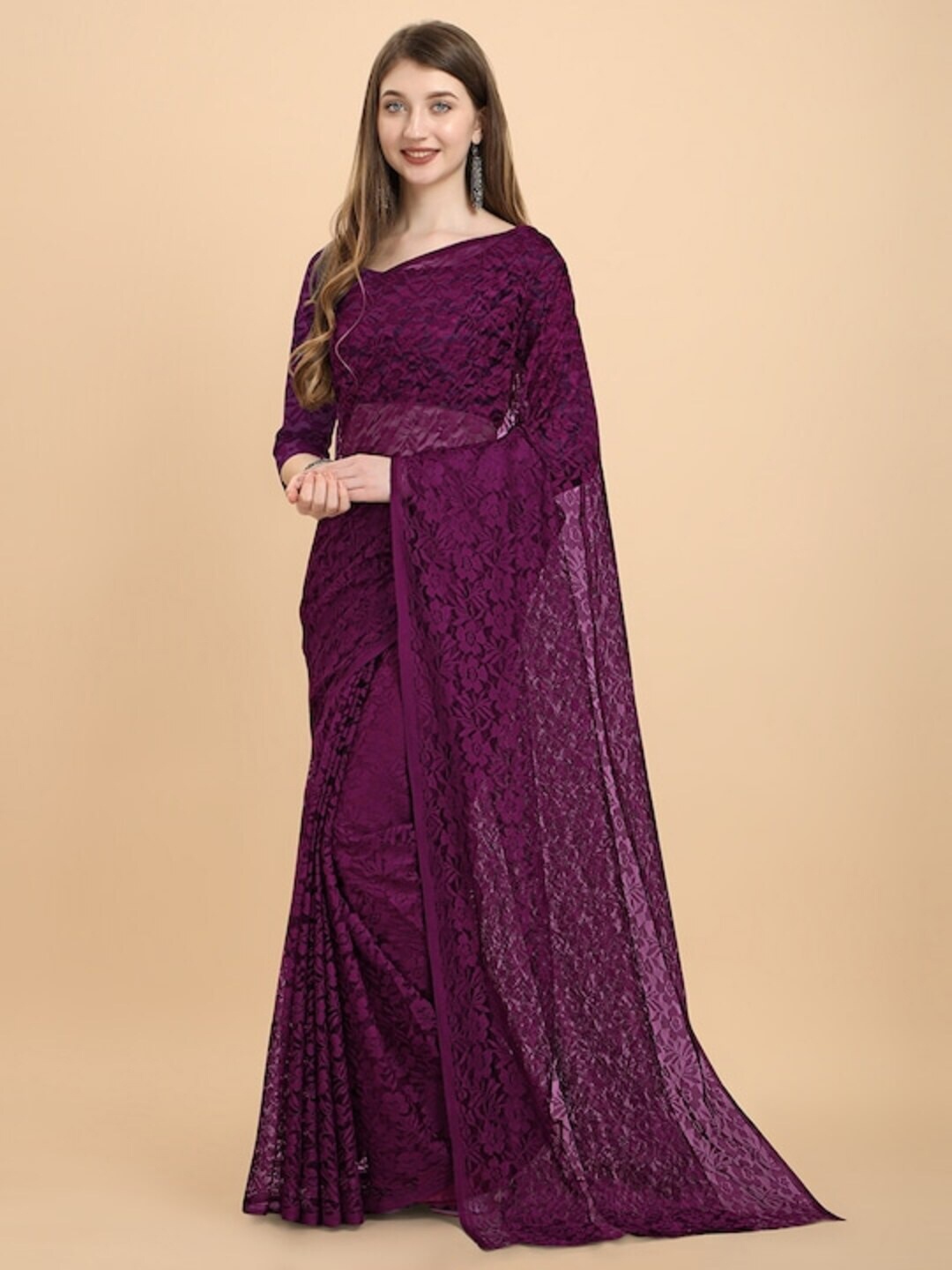 

MOKSHA DESIGNS Burgundy Floral Net Saree
