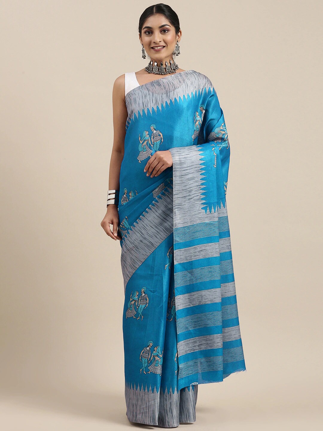 

MOKSHA DESIGNS Blue & Grey Ethnic Motifs Art Silk Khadi Saree