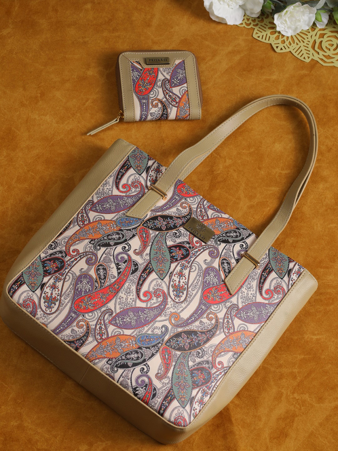 

Priyaasi Multicoloured Printed PU Oversized Shopper Handheld Bag, Beige