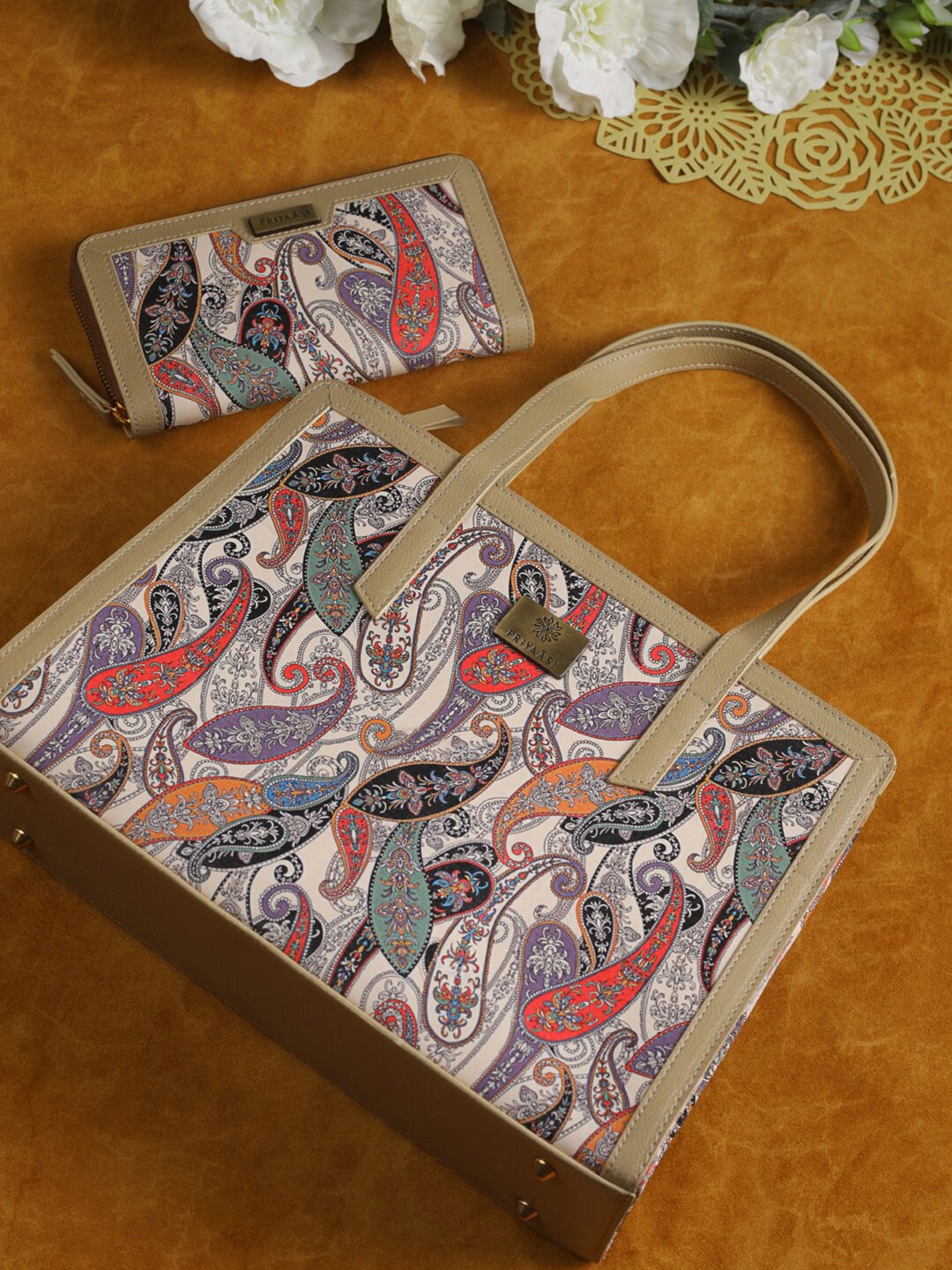 

Priyaasi Beige Printed PU Oversized Shopper Tote Bag With Wallet