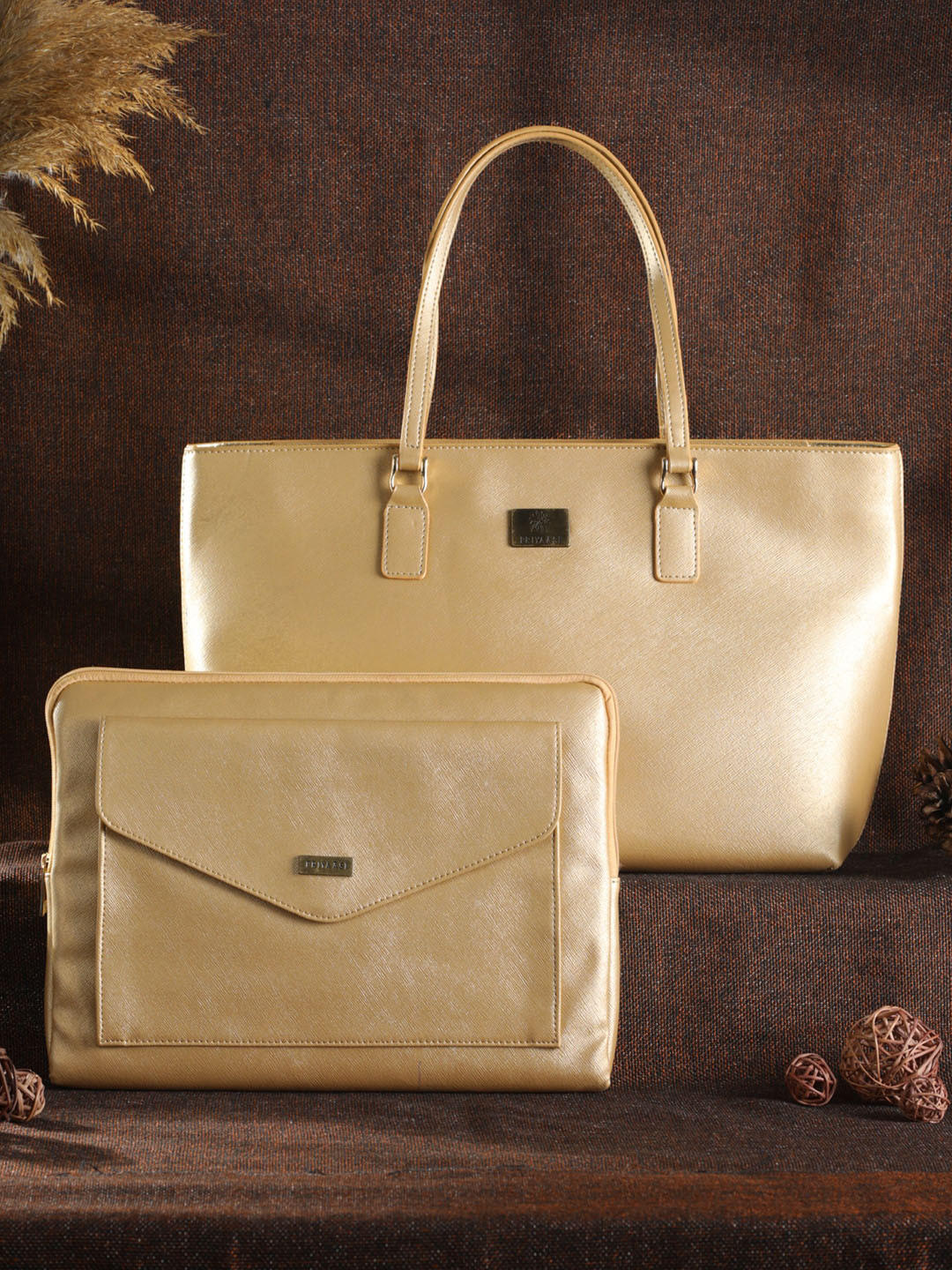 

Priyaasi Gold-Toned Set of 2 PU Shopper Handheld Bag Set