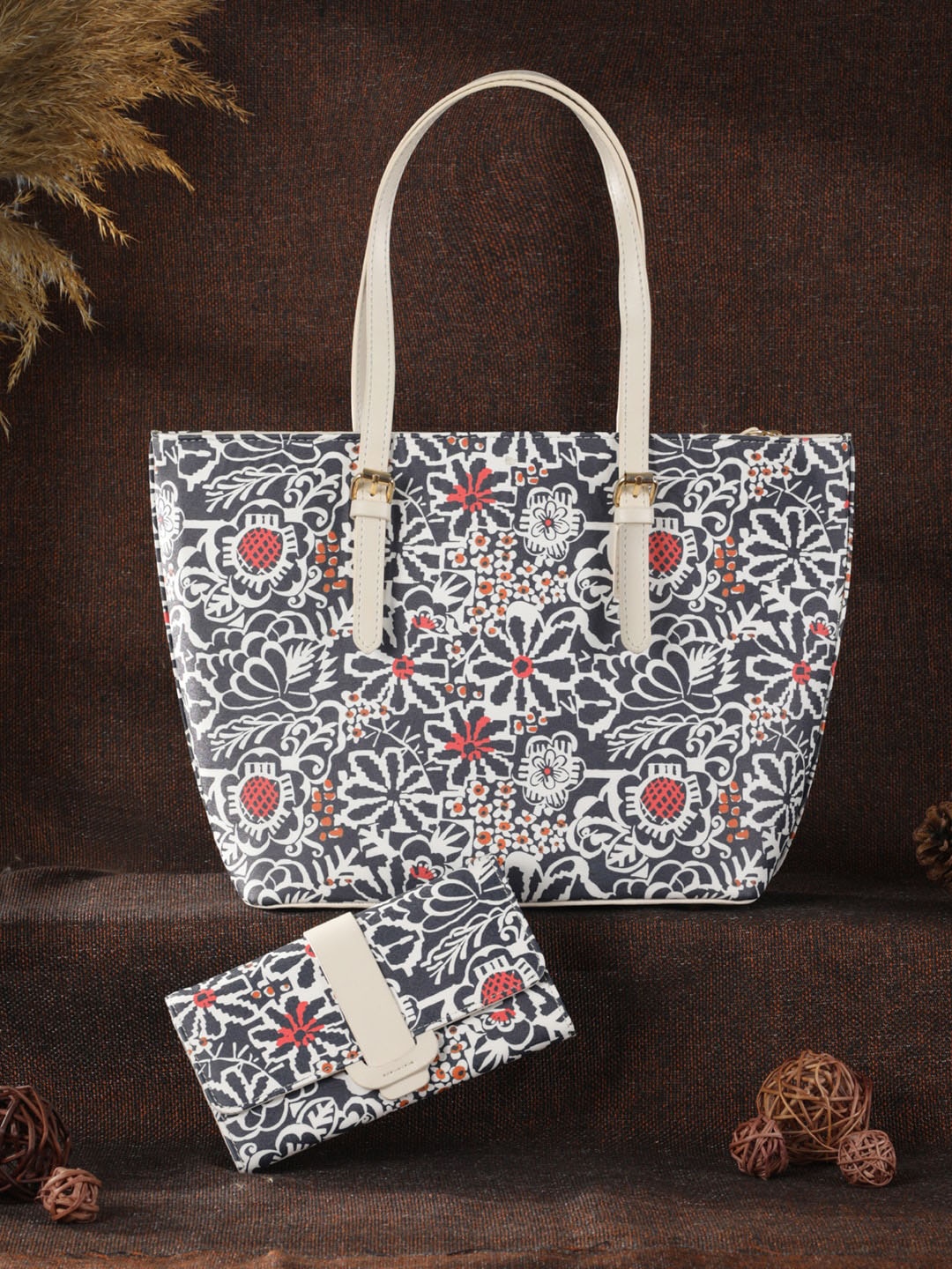 

Priyaasi Black Floral Printed PU Shopper Tote Bag
