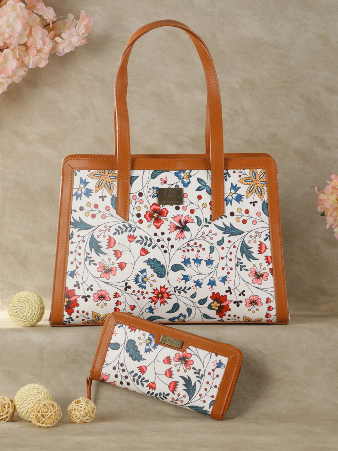 

Priyaasi White Floral Printed PU Structured Handheld Bag