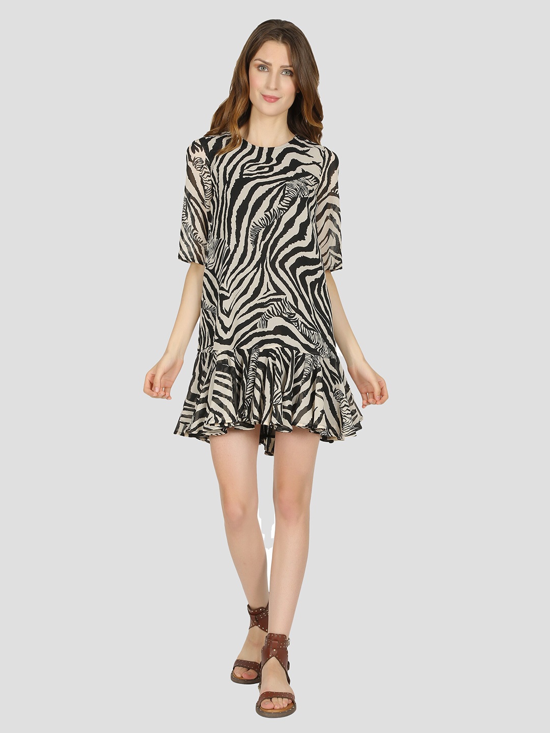 

DRIRO Beige & Black Zebra Print Crepe Drop-Waist Mini Dress