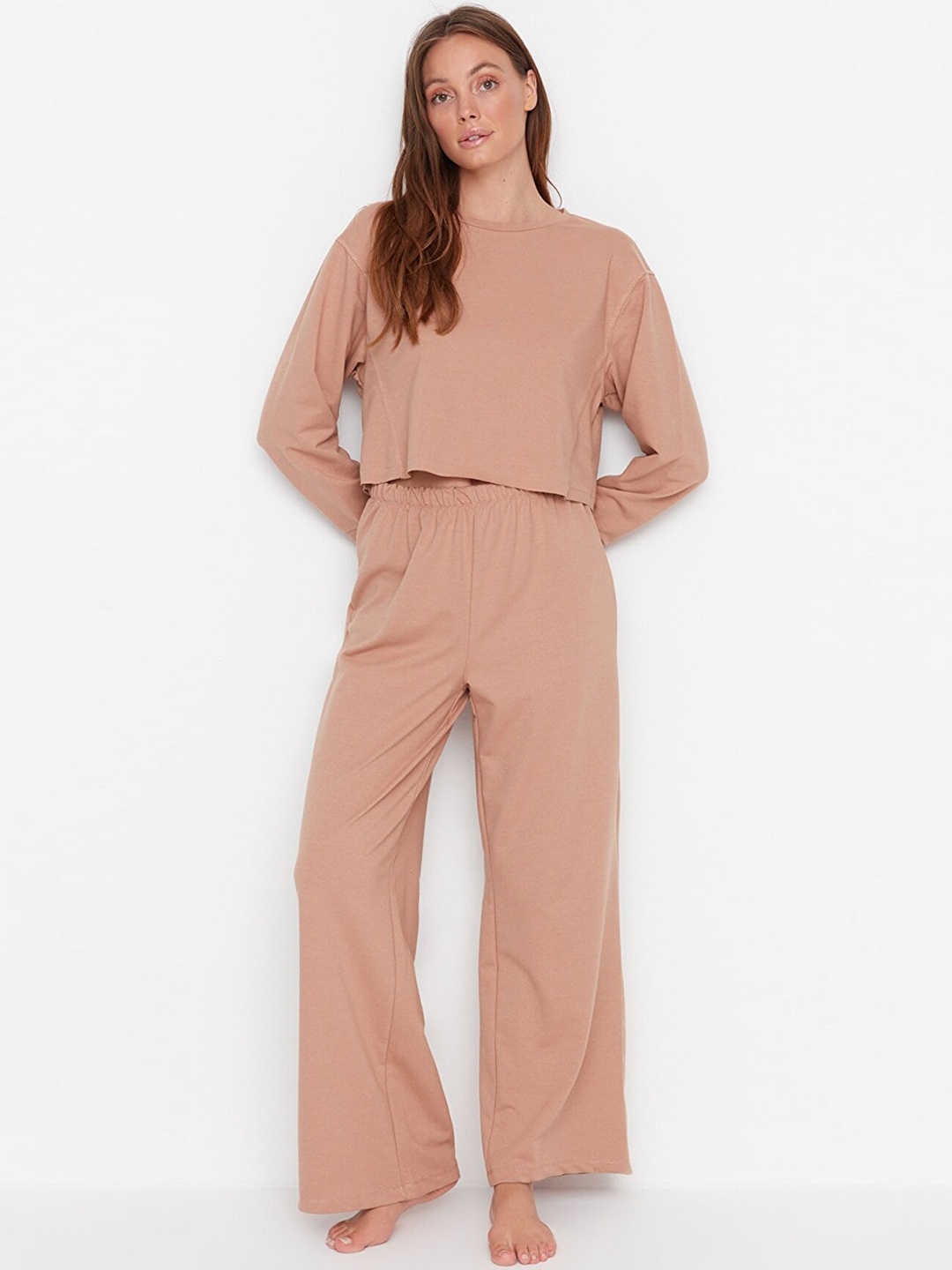 

Trendyol Women Brown Solid Crop Top & Trousers