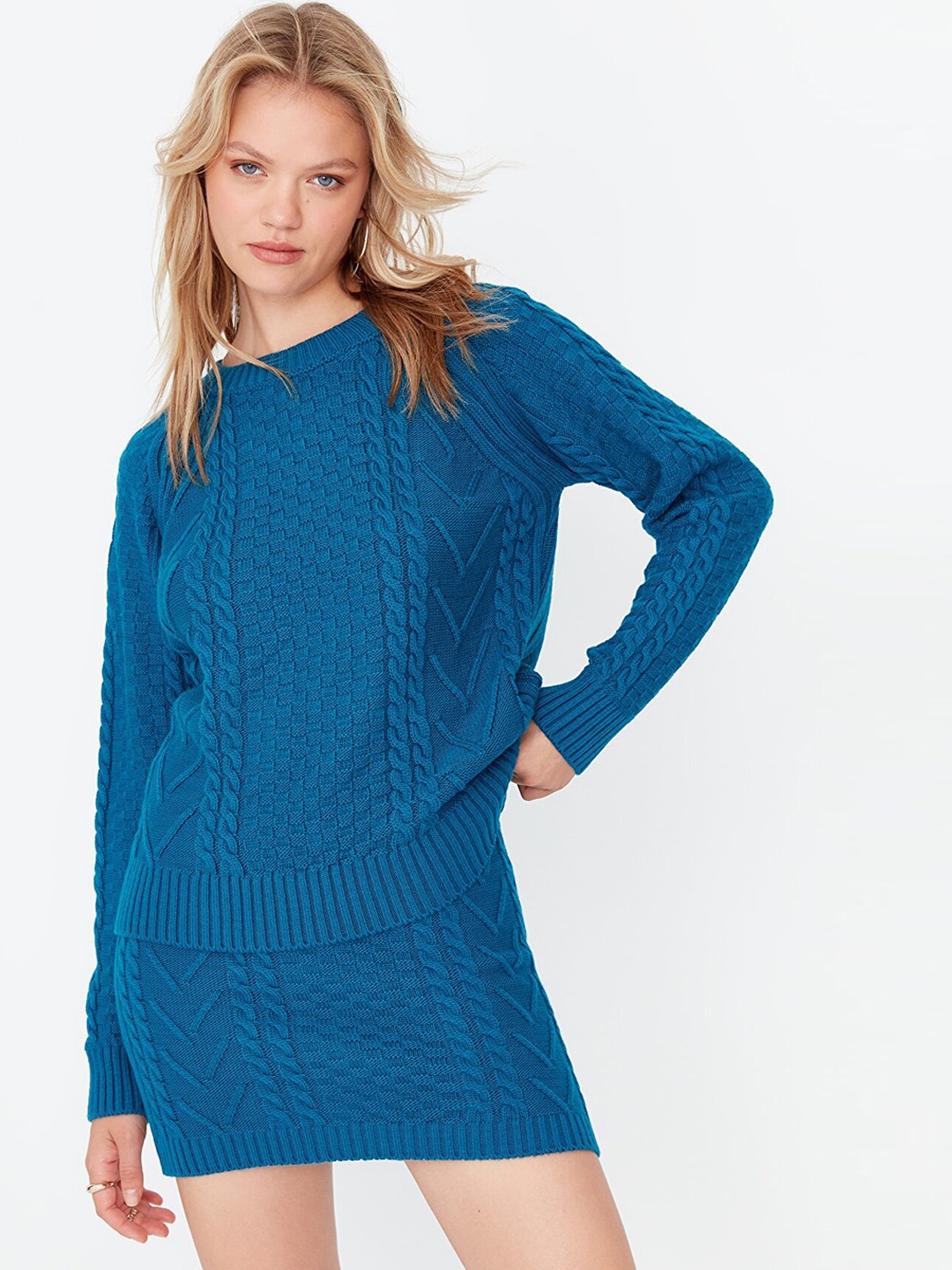 

Trendyol Women Cable Knit Acrylic Co-Ords, Blue