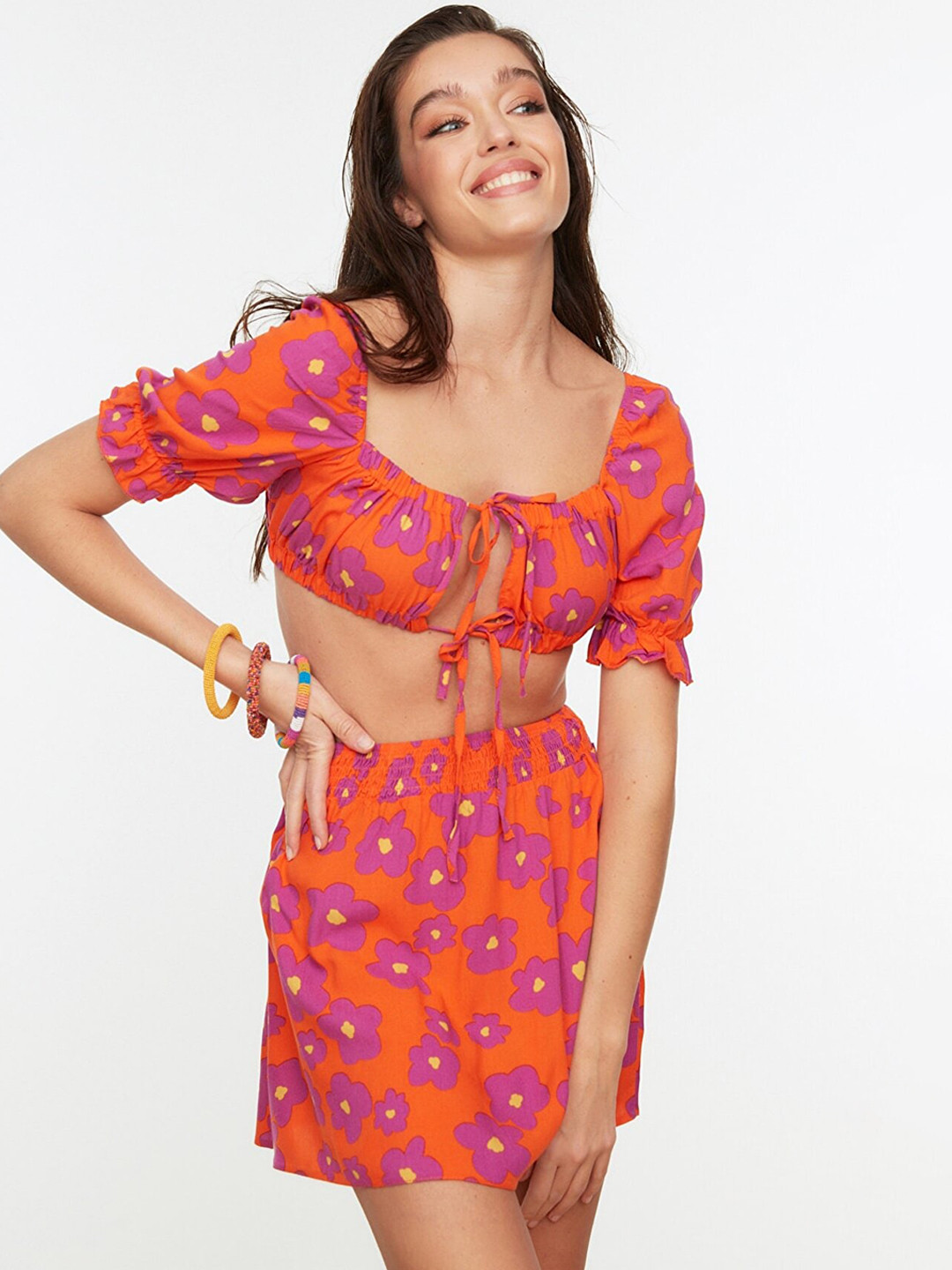 

Trendyol Women Orange & Fuchsia Printed Top with Skirt