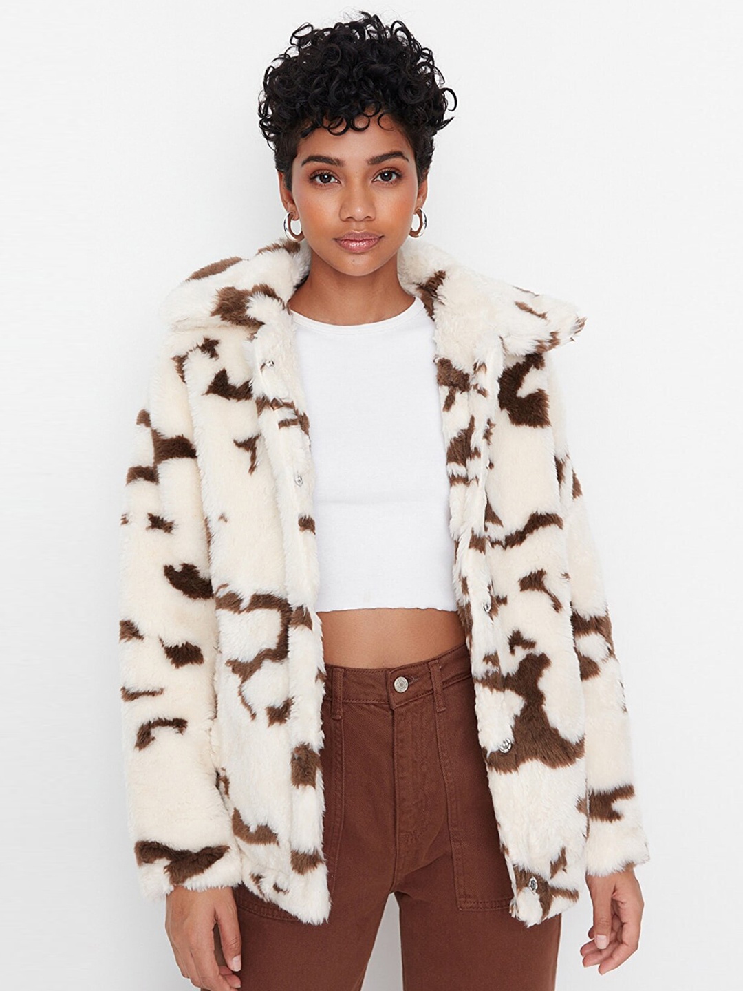

Trendyol Women Off White & Grey Printed Pure Cotton Overcoat