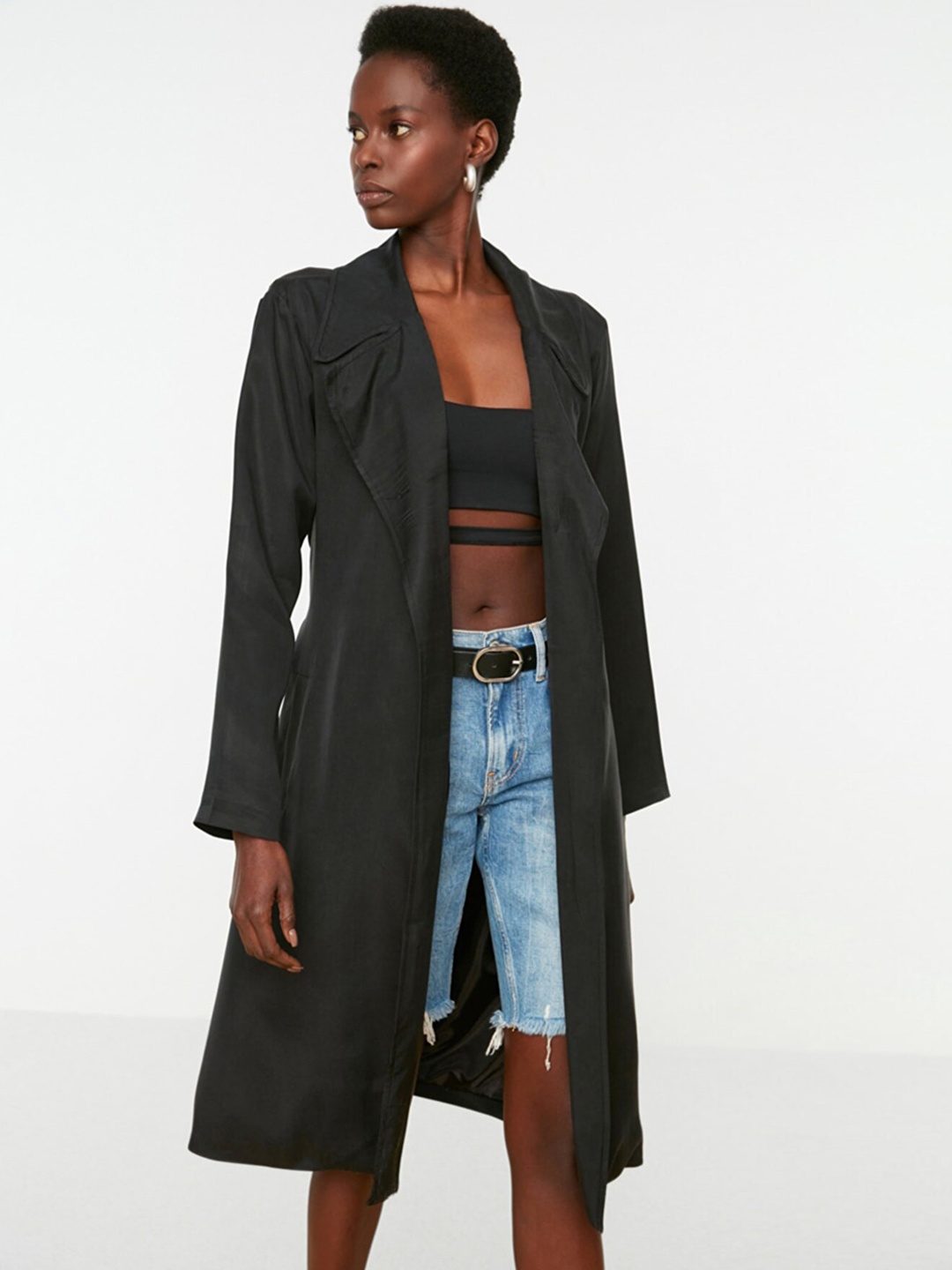 

Trendyol Women Black Solid Pure Cotton Woven Overcoats