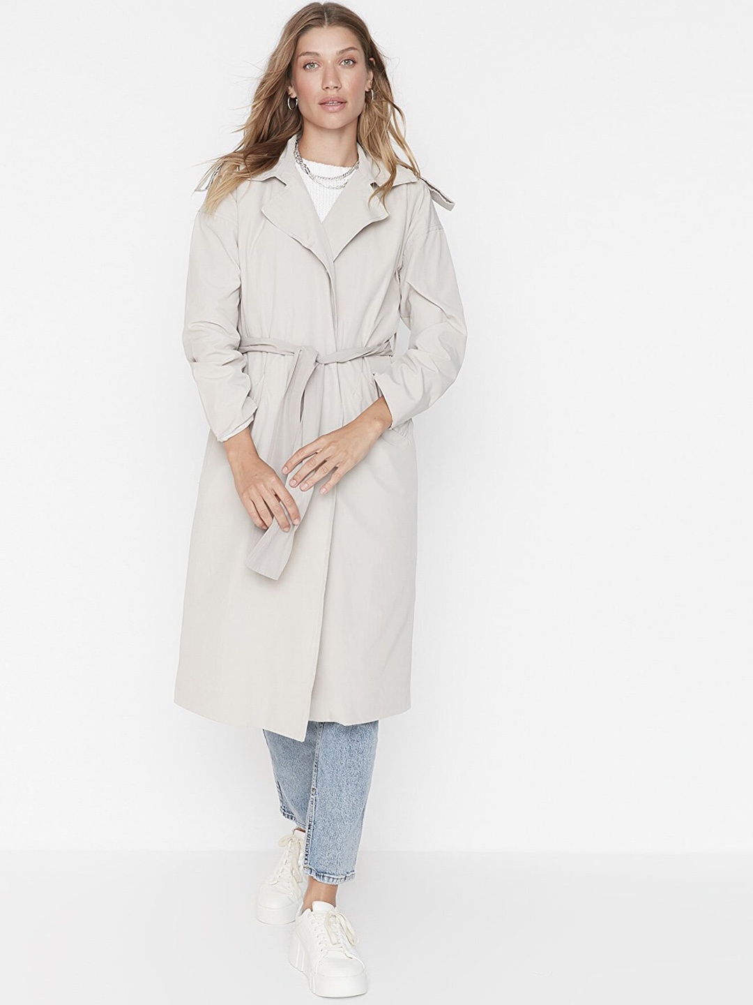 

Trendyol Women Grey Solid Double-Breasted Trench Coat