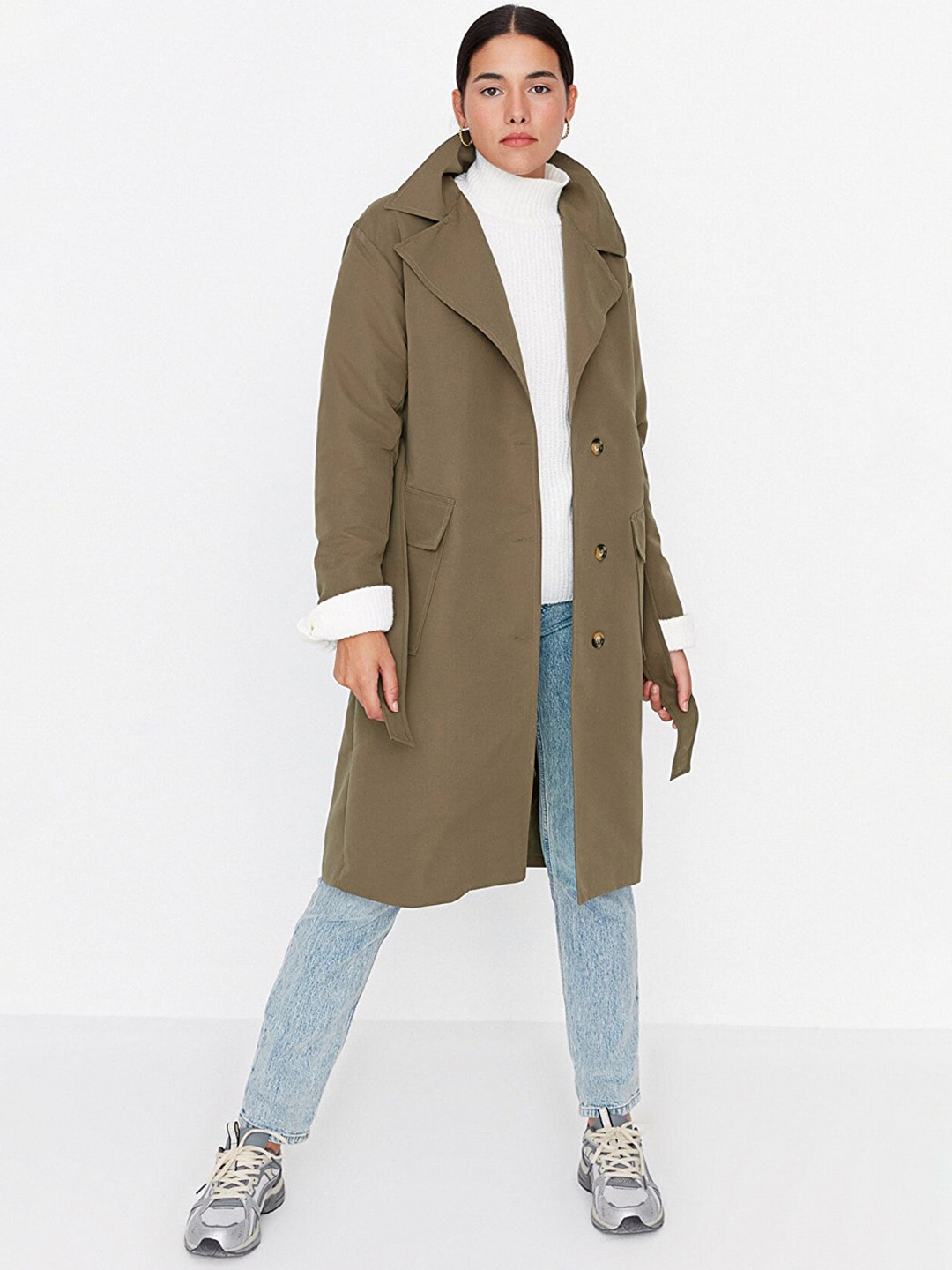 

Trendyol Women Khaki Solid Longline Coat