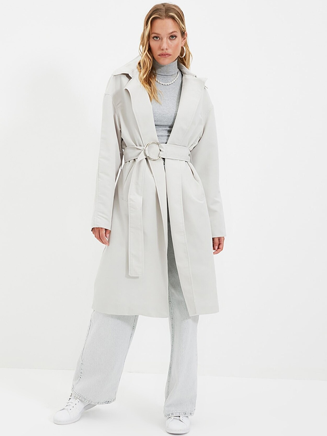 

Trendyol Women Grey Solid Longline Overcoats