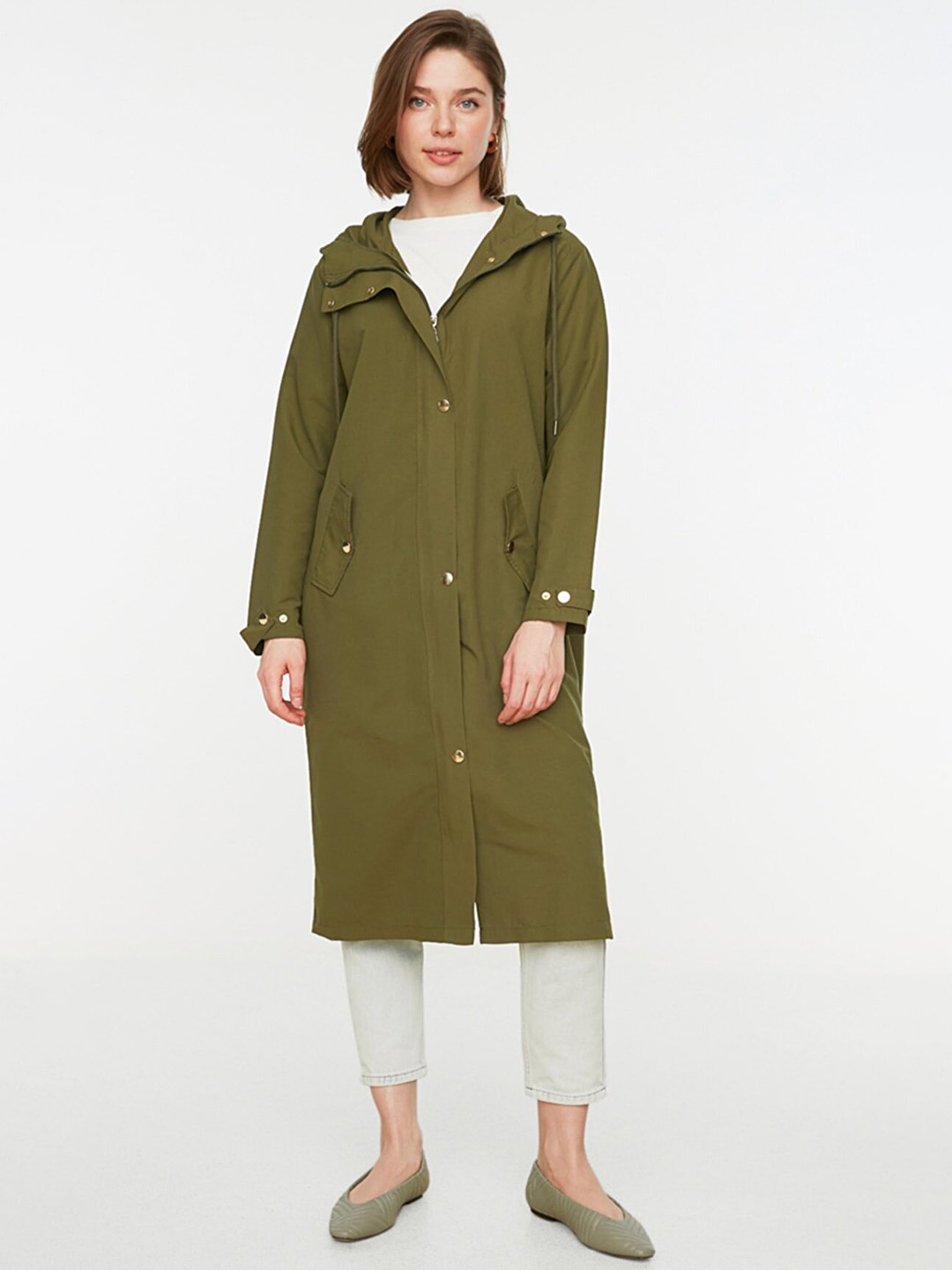 

Trendyol Women Olive Green Solid Trench Coat