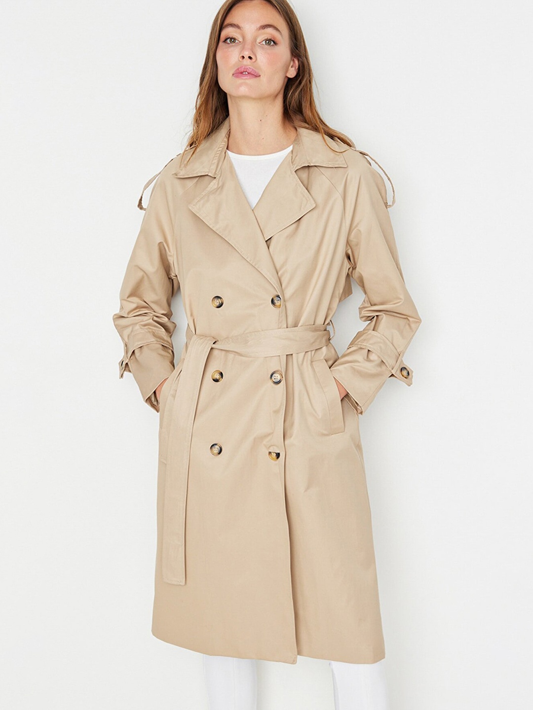 

Trendyol Women Beige Solid Cotton Notched Lapel Collar Coats