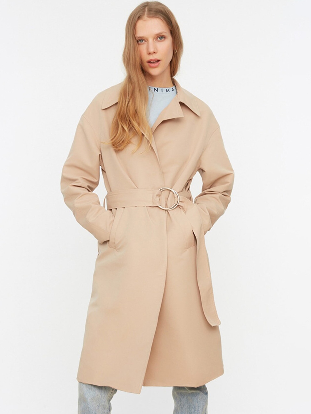 

Trendyol Women Beige Solid Longline Overcoat