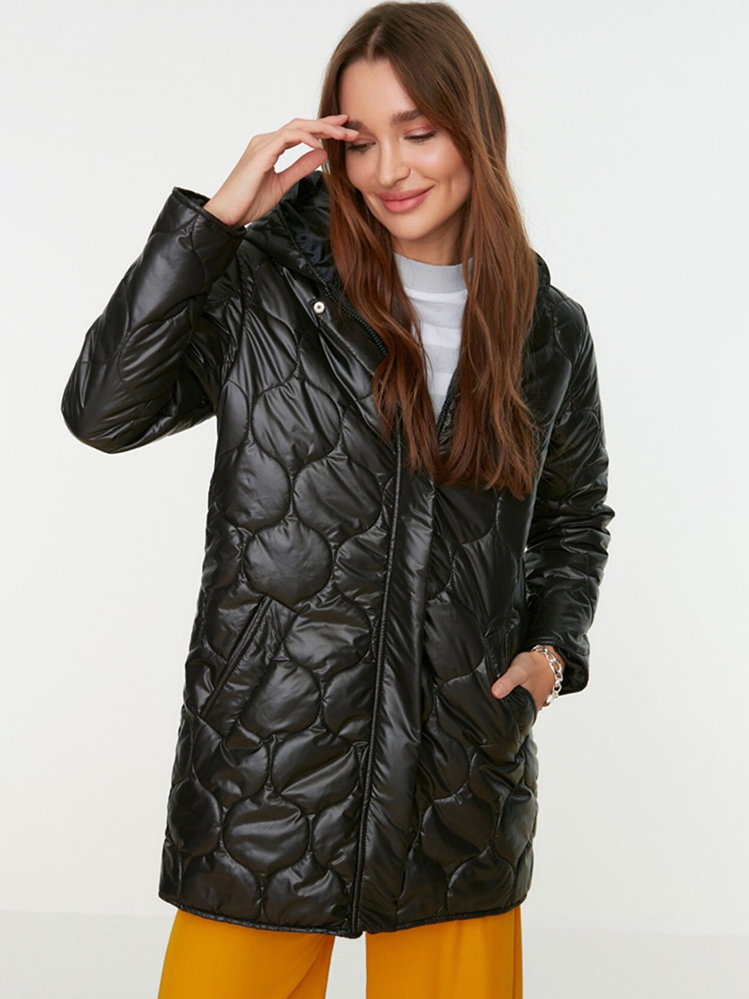 

Trendyol Women Black Self Design Overcoat