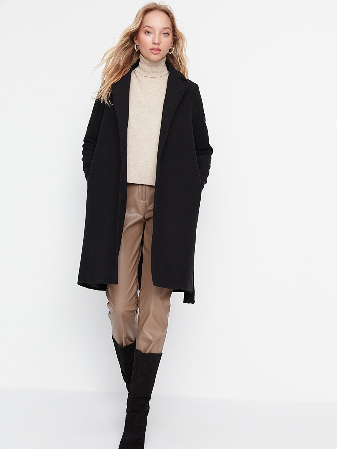

Trendyol Women Black Solid Longline Overcoat