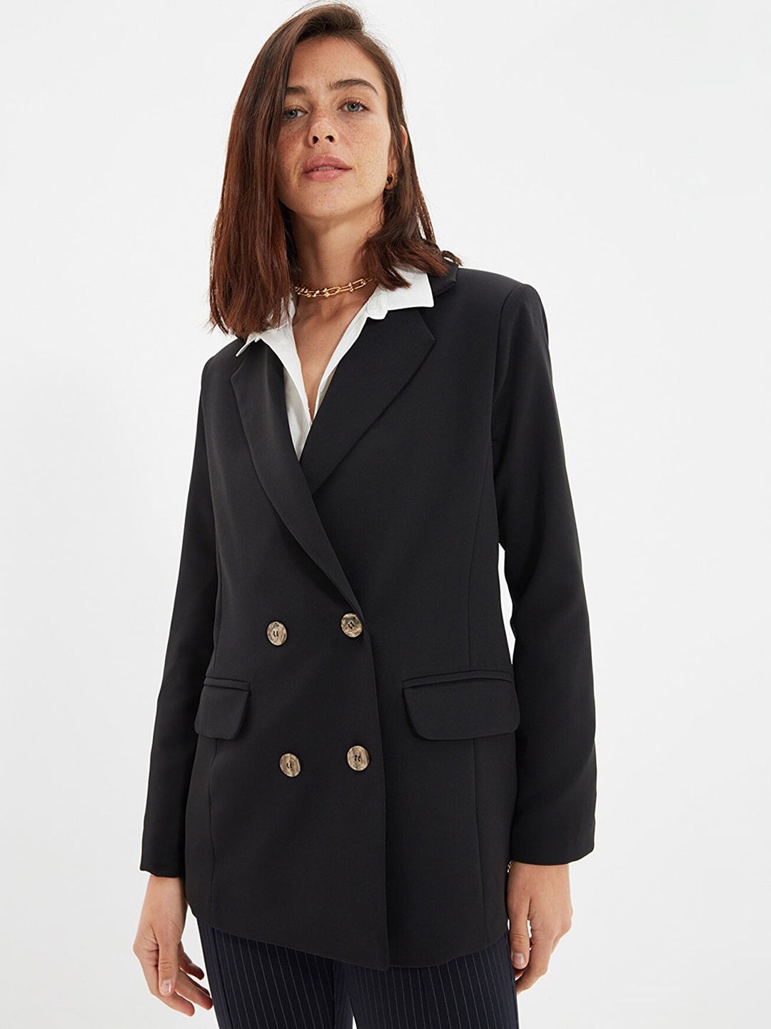 

Trendyol Women Black Solid Double-Breasted Formal Blazer