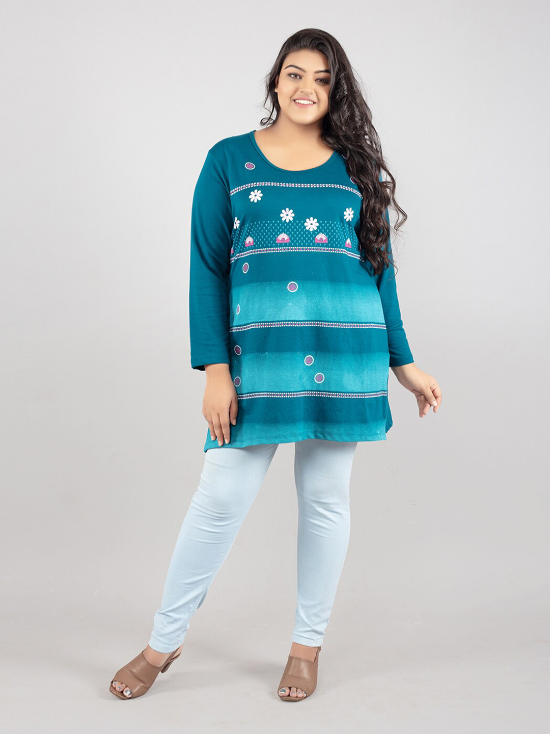 

CUPID Women Teal Floral Striped Full Sleeves Top