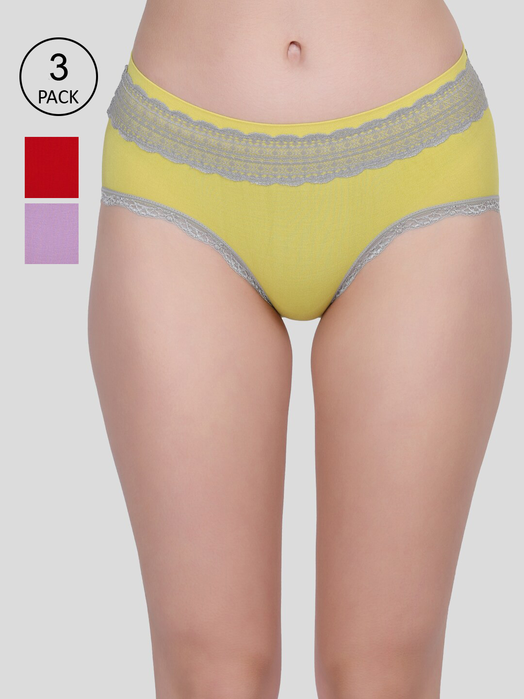 

Amour Secret Women Green, Red and Purple Pack Of 3 Solid Lace Hipster Briefs