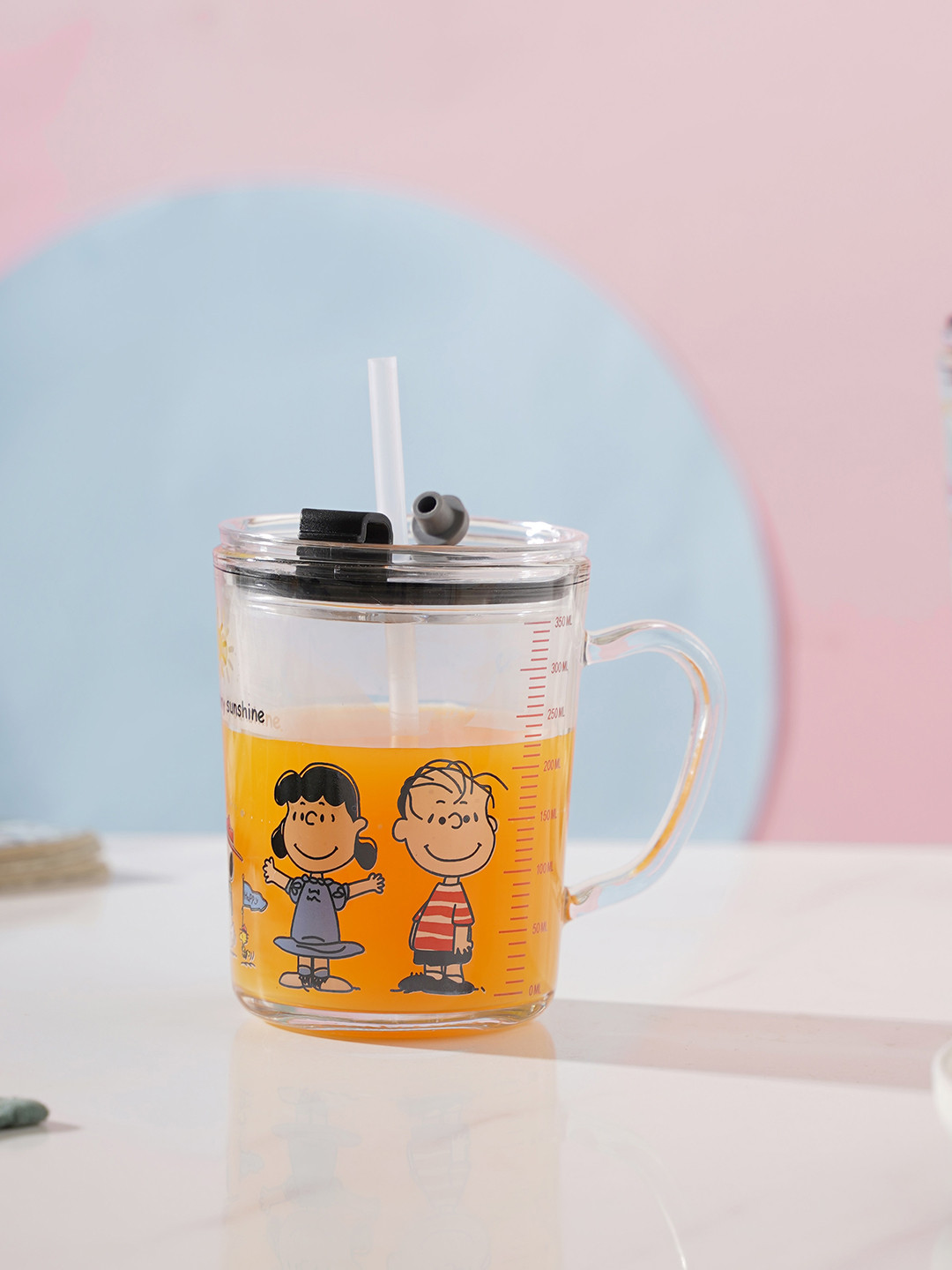 

Nestasia Transparent Printed Sunshine Glass Tumbler With Lid And Straw 350 ml