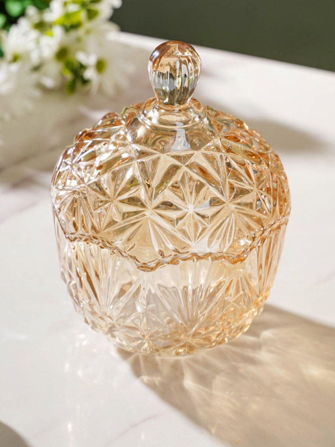 

Nestasia Transparent Crystal Textured Vintage Glass With Lid 500 ml