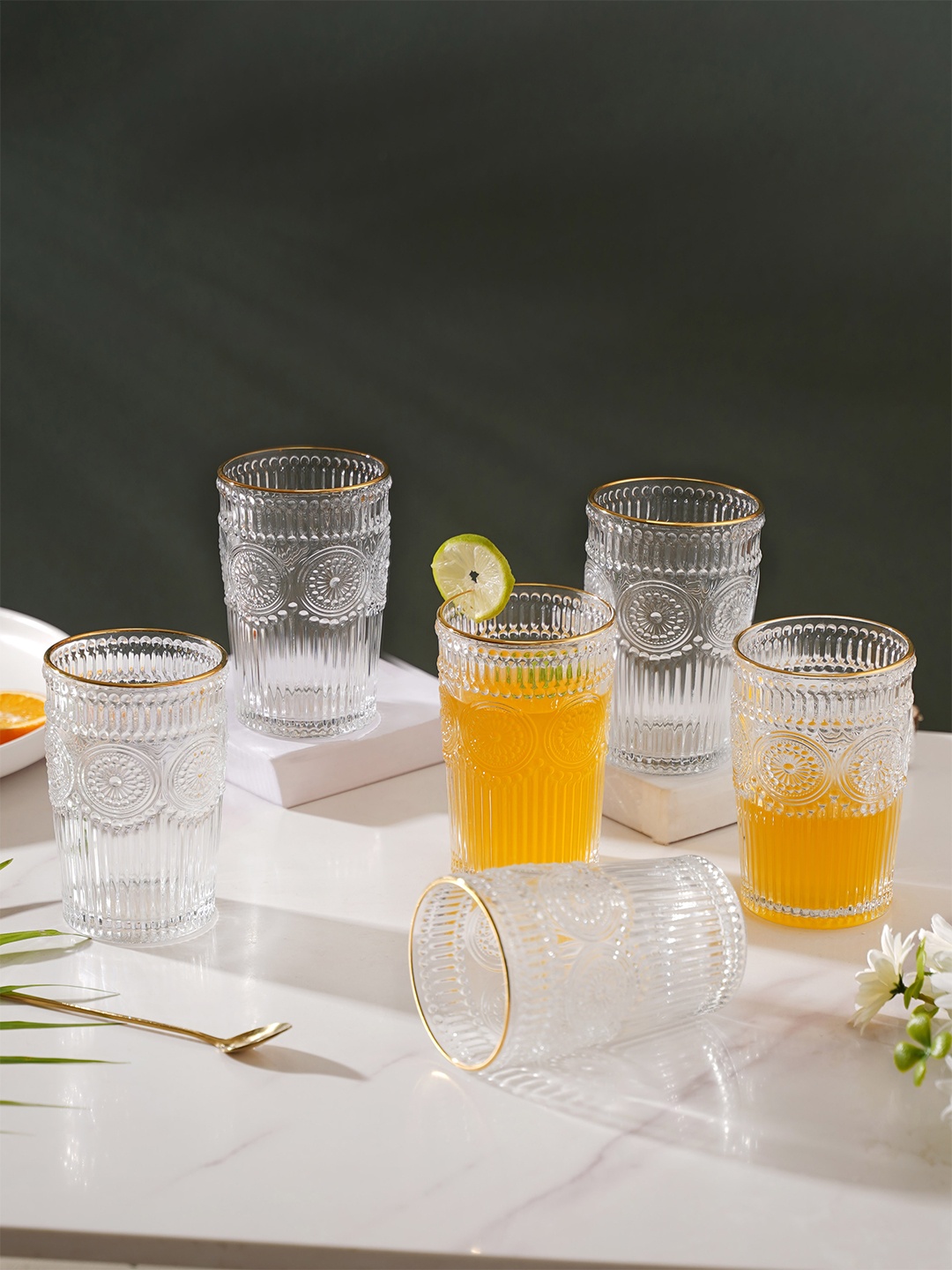 

Nestasia Set Of 6 Transparent Embossed Large Drinkware Glasses 350 ml Each