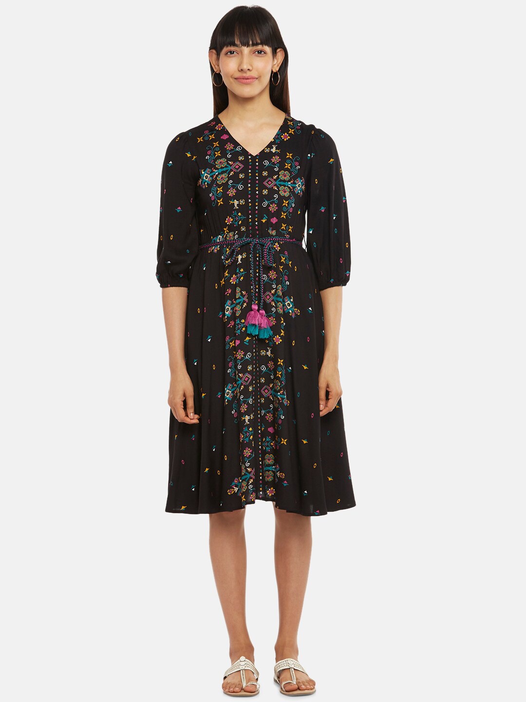 

People Women Black Viscose Rayon Floral Dress