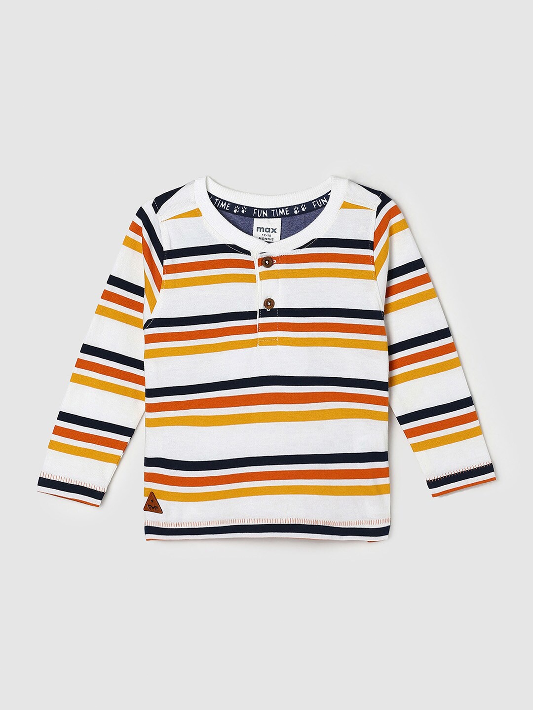 

max Boys White & Yellow Striped Henley Neck Pure Cotton T-shirt