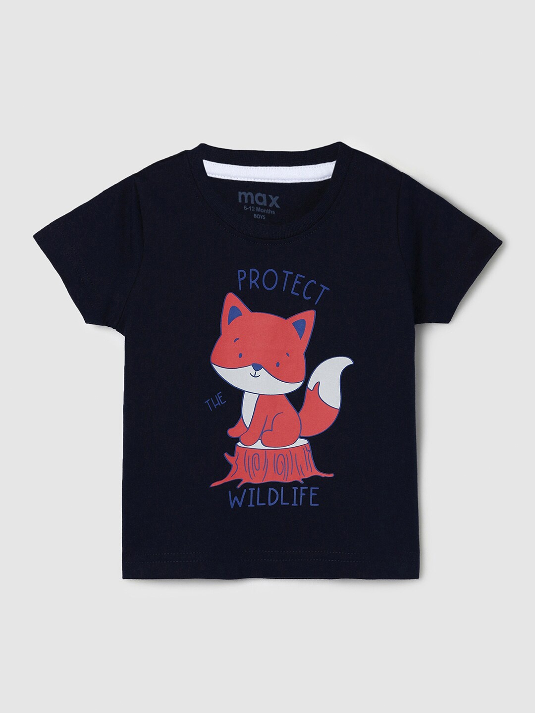

Max Boys Navy Blue & Pink Typography Printed Pure Cotton T-shirt