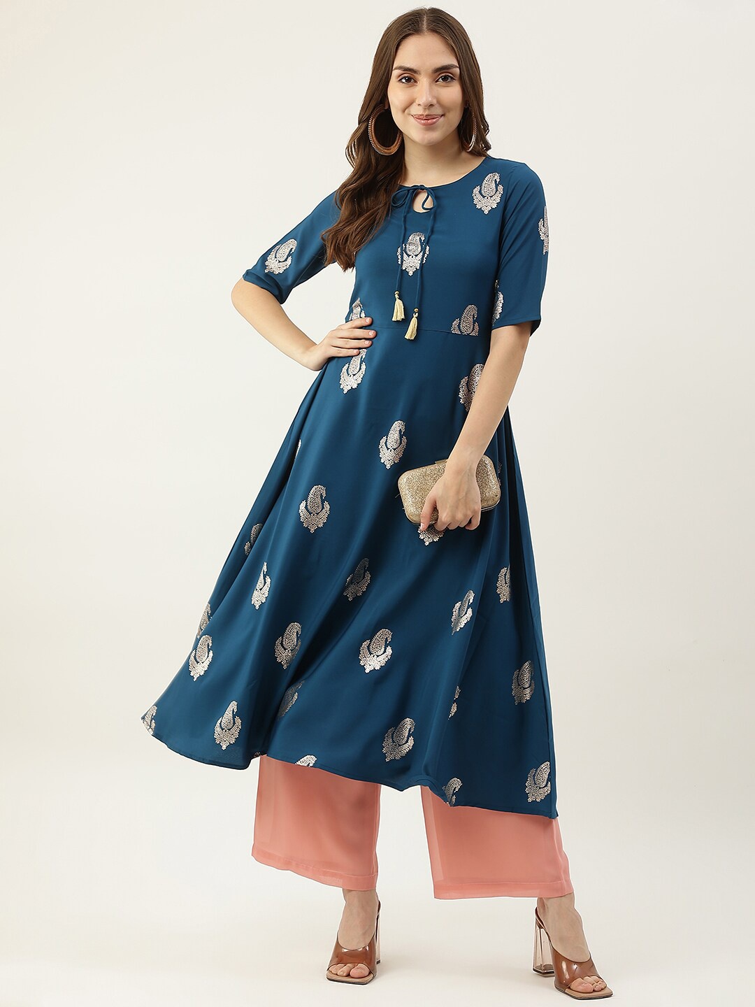 

FIORRA Women Teal & Beige Ethnic Motifs Printed Crepe Kurta