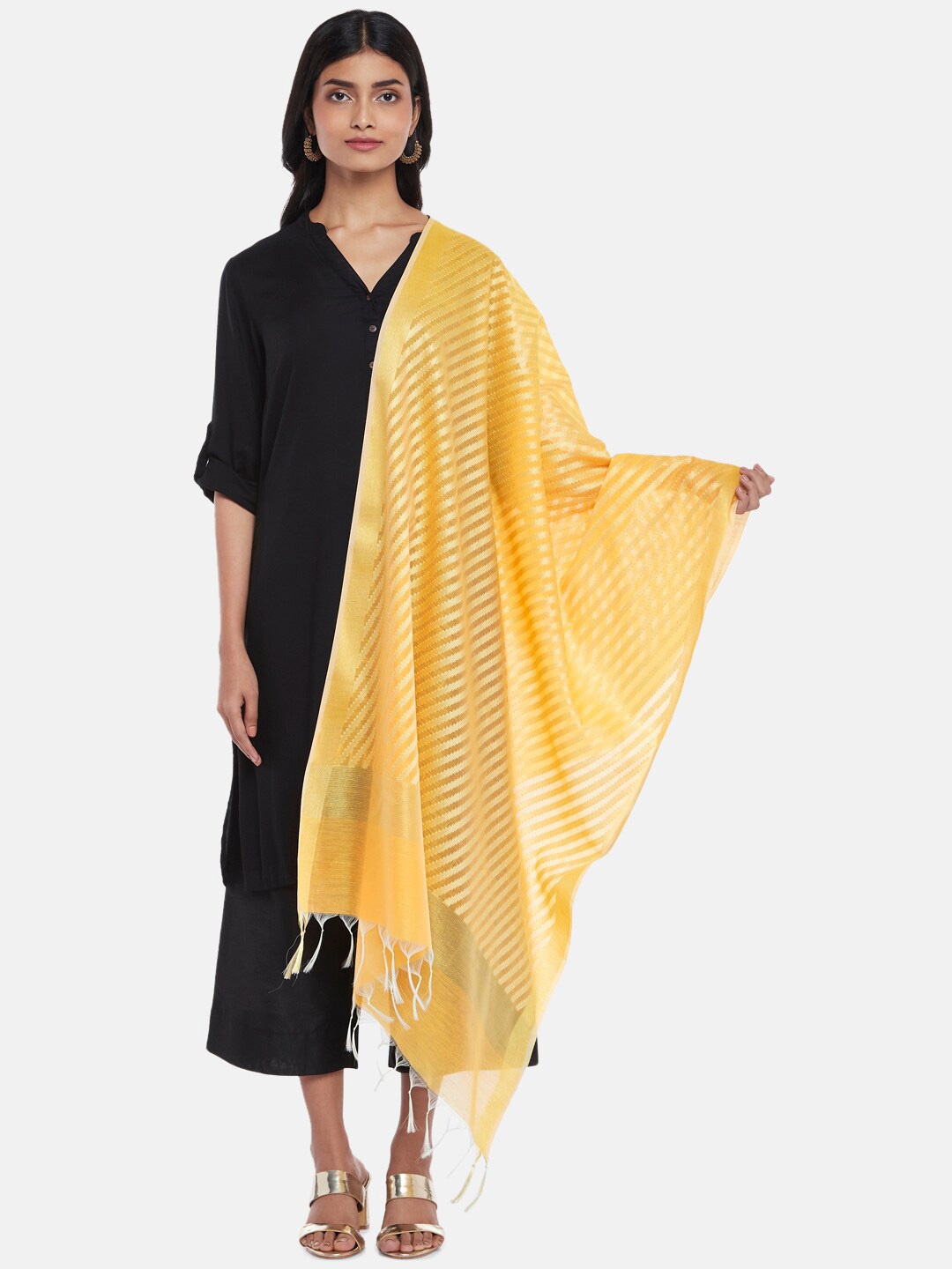 

RANGMANCH BY PANTALOONS Women Yellow Striped Dupatta with Zari