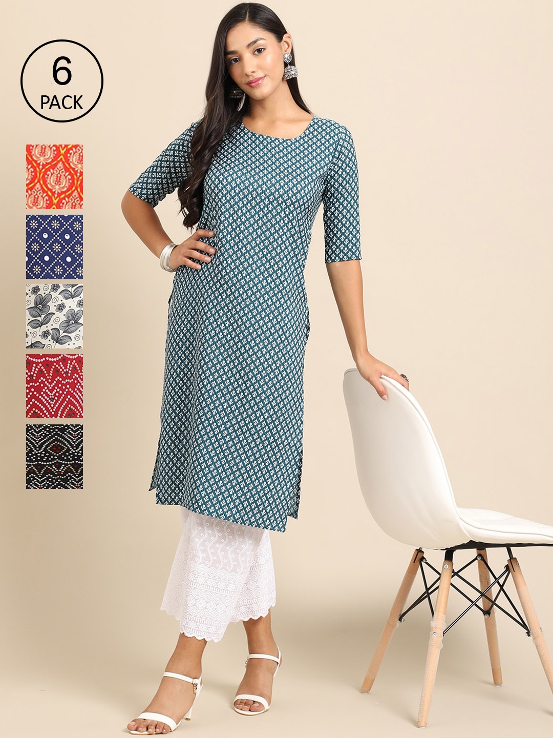 

7Threads Women PACK OF 6 Geometric Printed Printed Crepe Kurta, Multi