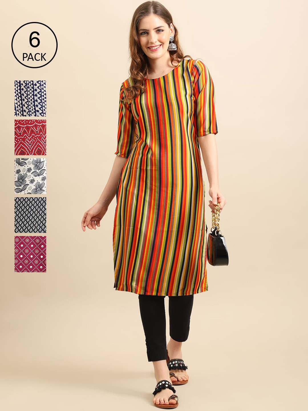 

7Threads 6 Women Multicoloured Geometric Printed Block Print Crepe Kurta, Multi