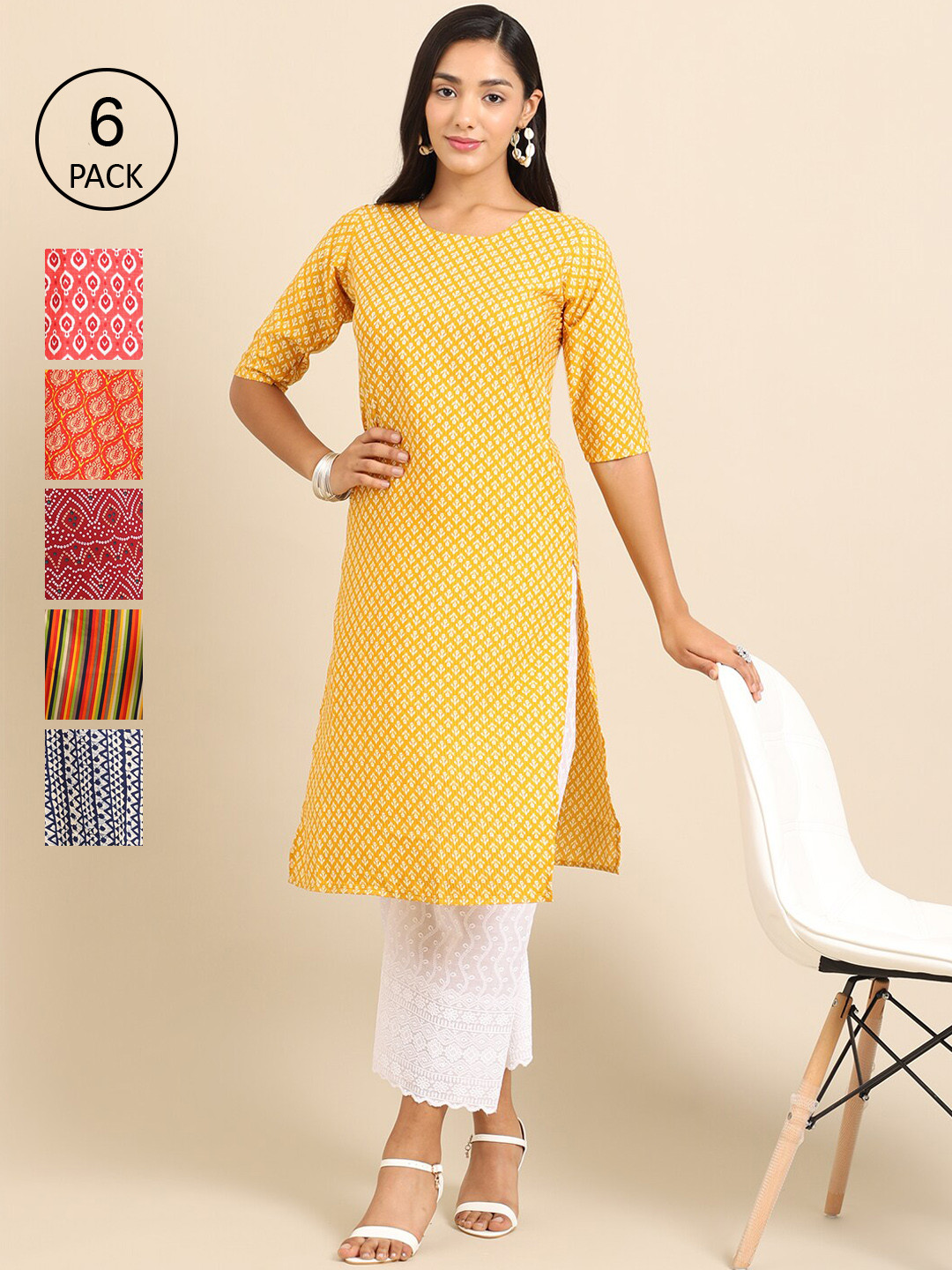 

7Threads Women Pack of 6 Geometric Printed Crepe Kurtas, Yellow