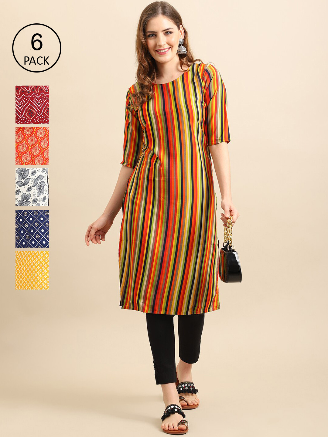 

7Threads Women Pack of 6 Printed Crepe Kurtas, Yellow