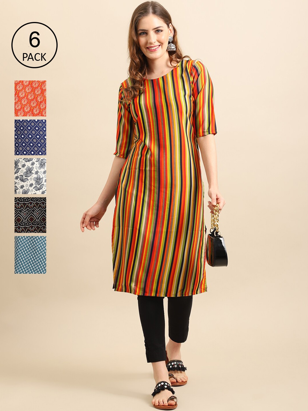 

7Threads Women Pack of 6 Multicoloured Ethnic Motifs Printed Block Print Crepe Kurta, Multi