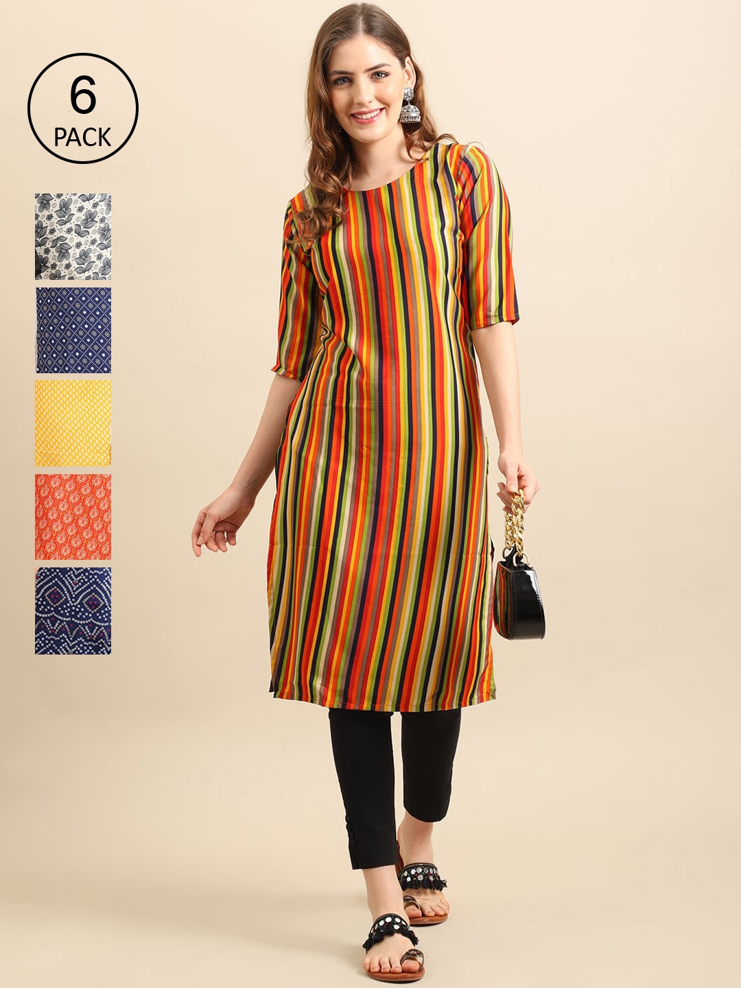 

7Threads Women Pack Of 6 Multicoloured Geometric Printed Block Print Crepe Kurta, Multi