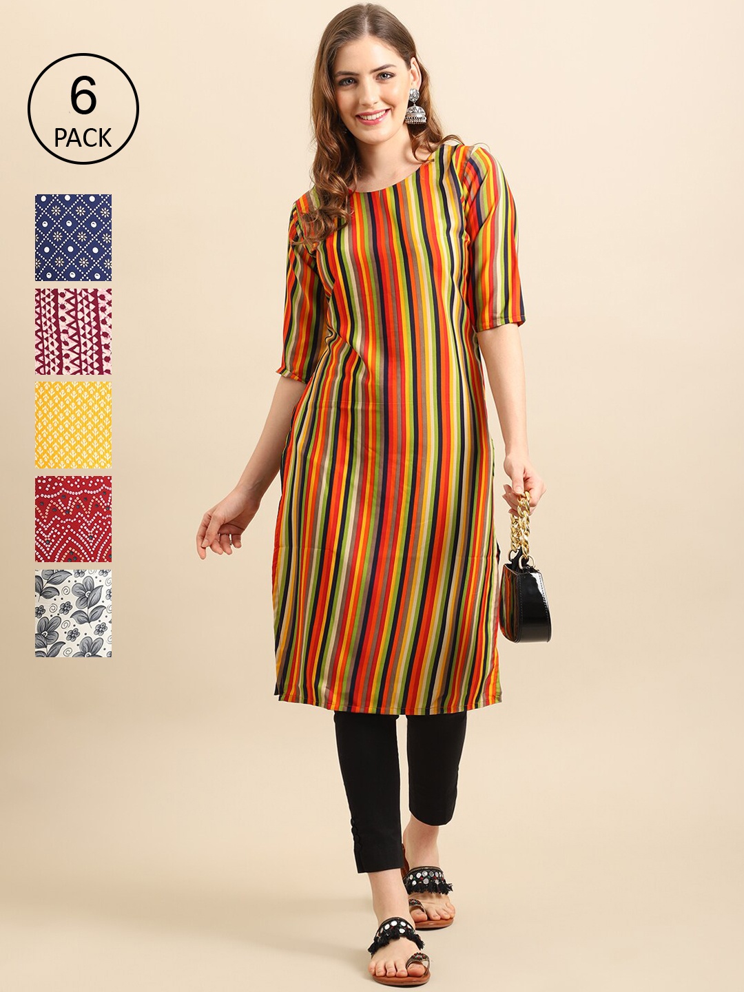 7Threads Women Pack Of 6 Multicoloured Geometric Printed Block Print Crepe Kurta, Multi