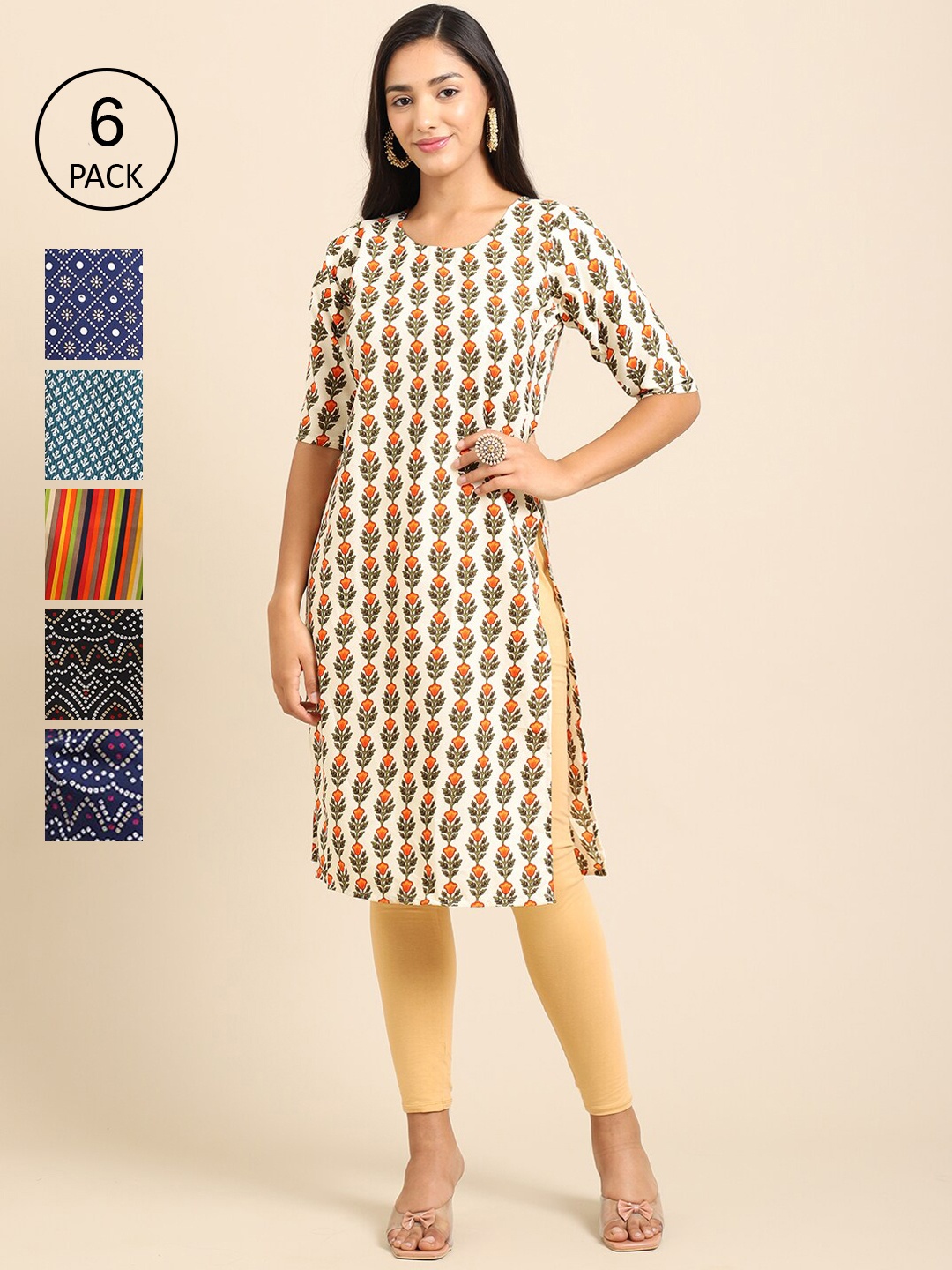 

7Threads Women Set Of 6 Blue & Black Floral Printed Block Print Crepe Kurtas